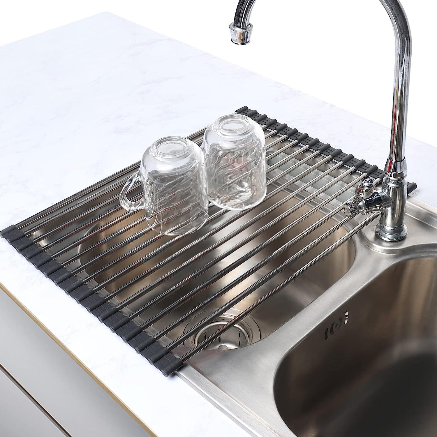 水切りラック 折りたたみ 伸縮タイプ水切り 抗菌 耐熱 錆びない 滑り止め サイズ調整可能 28-50cm 食器水切り 食器乾燥ラック 巻き収納 キッチン用品 (ブラック)