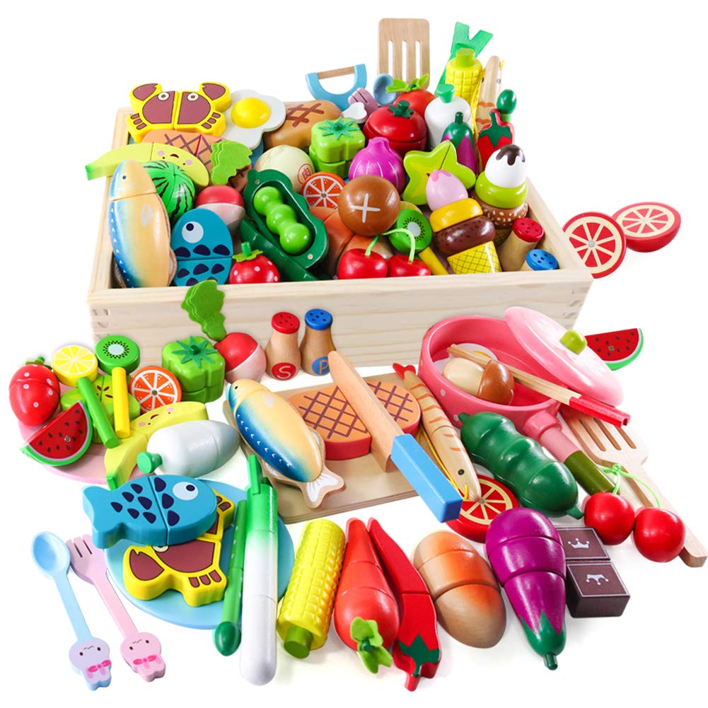 Button Moon おままごとセット 木製おもちゃ モンテッソーリ 46PCS キッチン玩具 食品衛生法検査済 切る遊び 大きい木箱付き お肉&お魚&果物&...