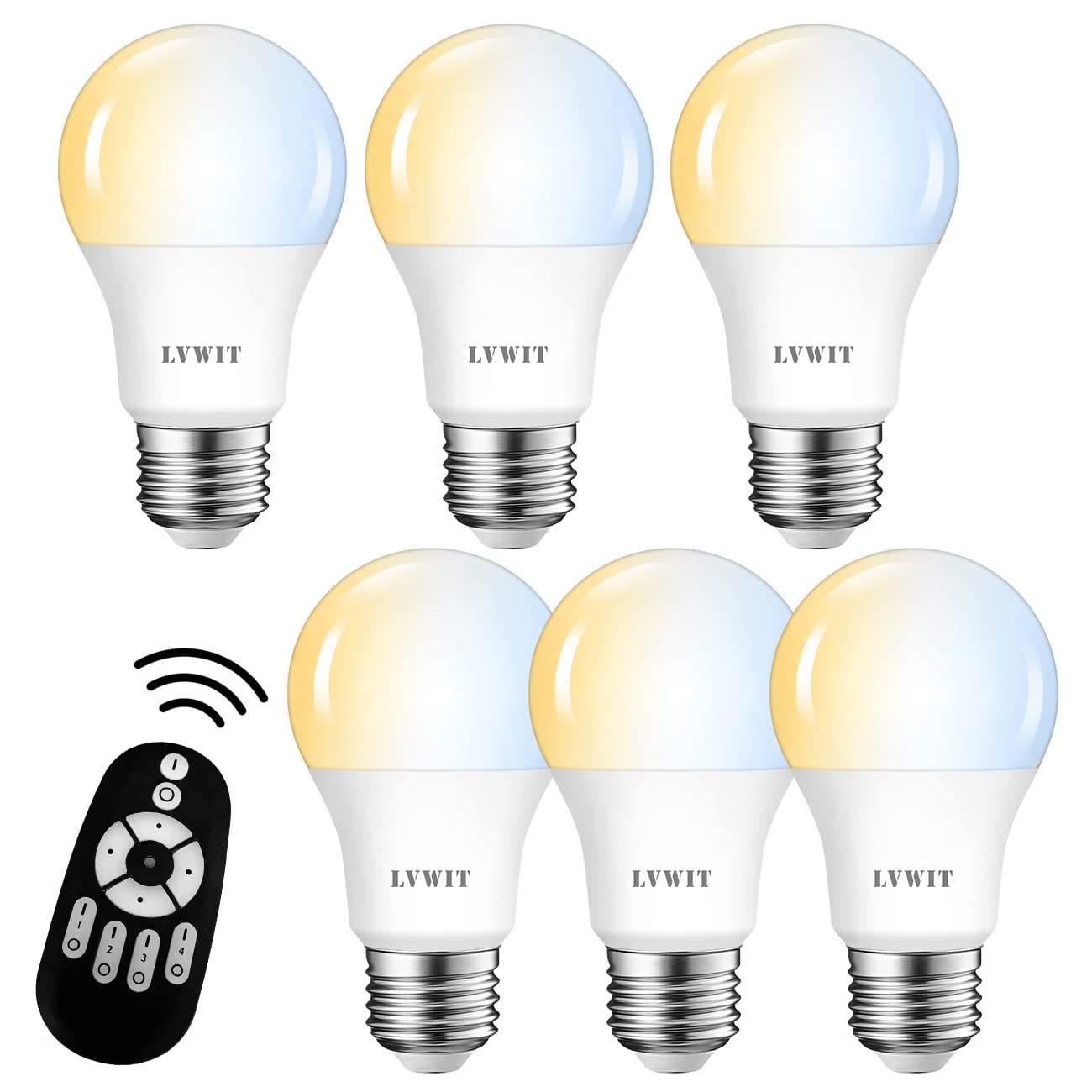 LVWIT LED電球 60W形相当 E26口金 900LM 調光 調色 リモコン付き LEDランプ 消費電力8.3W 遠隔操作 昼光色 昼白色 電球色 常夜灯 広配光タイプ 省エネ 高輝度 6個セット（電池別売）