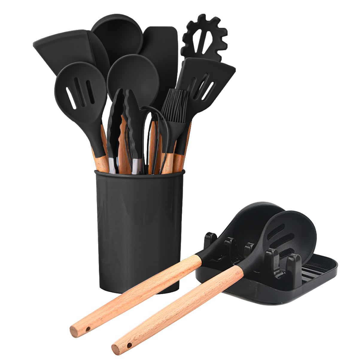 hiino kano キッチンツール セット 調理器具 製菓器具 台所用品 耐熱シリコン 木製ハンドル 食洗機対応 和洋中料理に適用 抗菌 傷つかない フライ返し おたま 泡立て器 スプーンなど13点/14点セット 収納しやすいもの付き 北ヨーロッパ風 オ