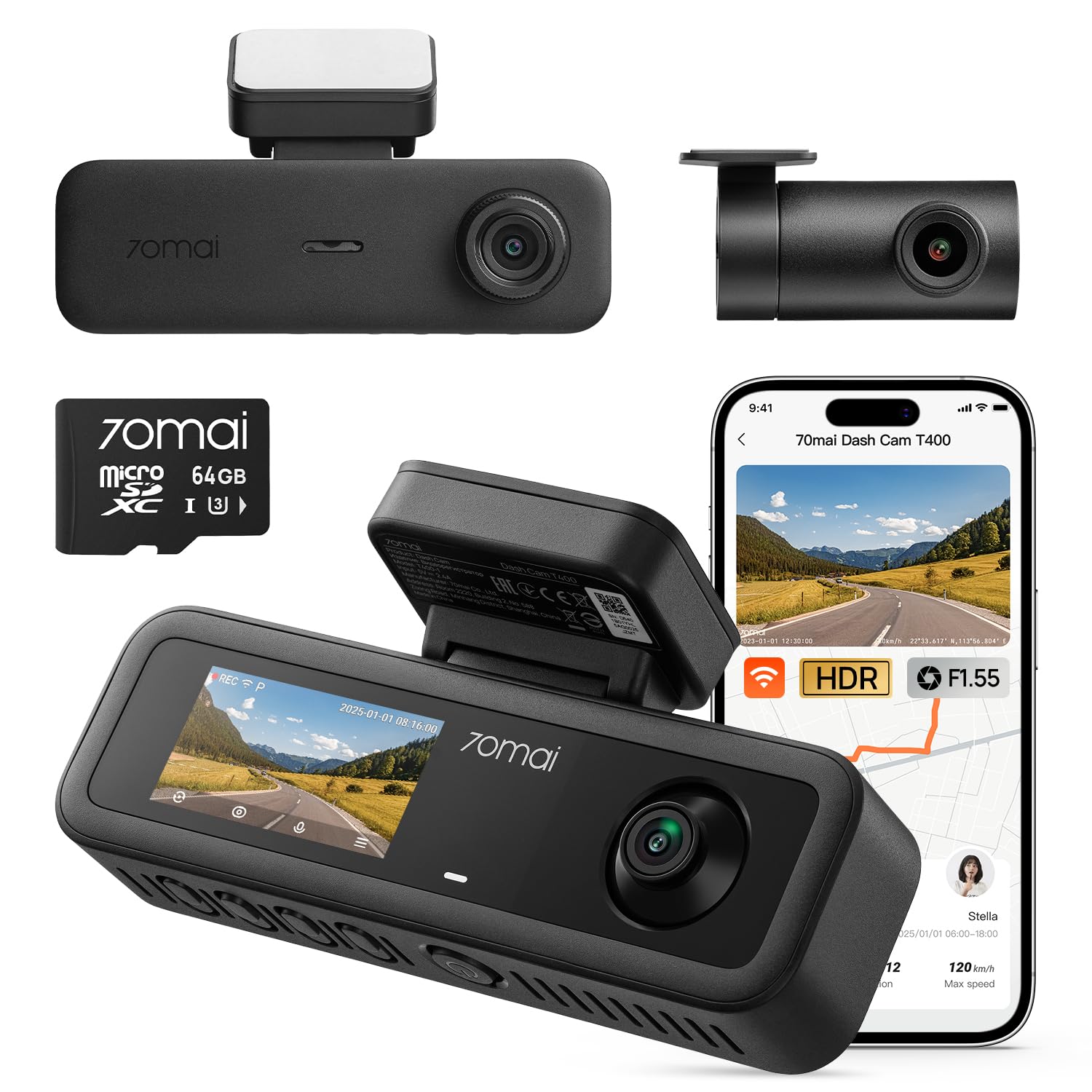 【3カメラ 64GBカード付属】 70mai Dash Cam T400 ドライブレコーダー F1.55 HDR 超強暗視 車内赤外線暗視 WiFi6 GPS 駐車監視 スマホ..