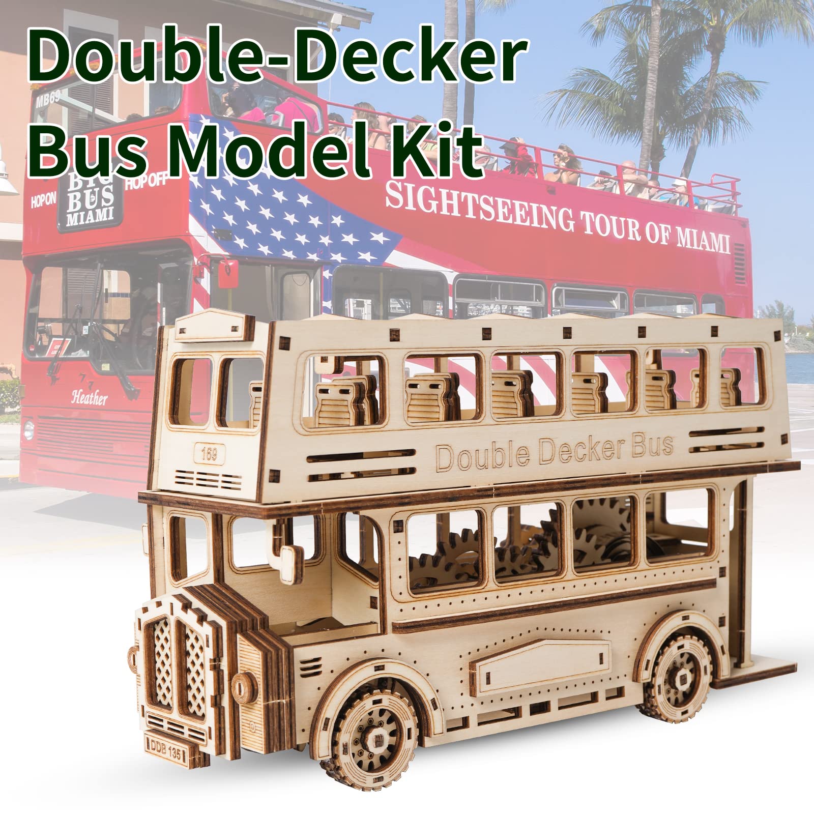 Hallisun 3D木製パズル 組み立て立体パズル 豪華二階建てバス 動くメカニカル クラフト手芸 DIY 機械式 おもちゃ 趣味 クリスマス バレンタインデー ヴィンテージ 装飾 自宅 インテリア 大人向け 誕生日ギフト プレゼント 日本語取扱説明書付