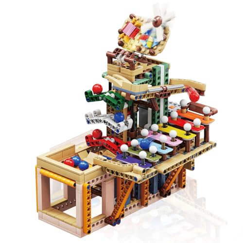 Hallisun ブロックセット 建物 音楽木琴付きボールトラック マーブルラン ビー玉ボール転がし スロープトイ 機械式多彩な飴キャンディ工場 レンガモデルキ...