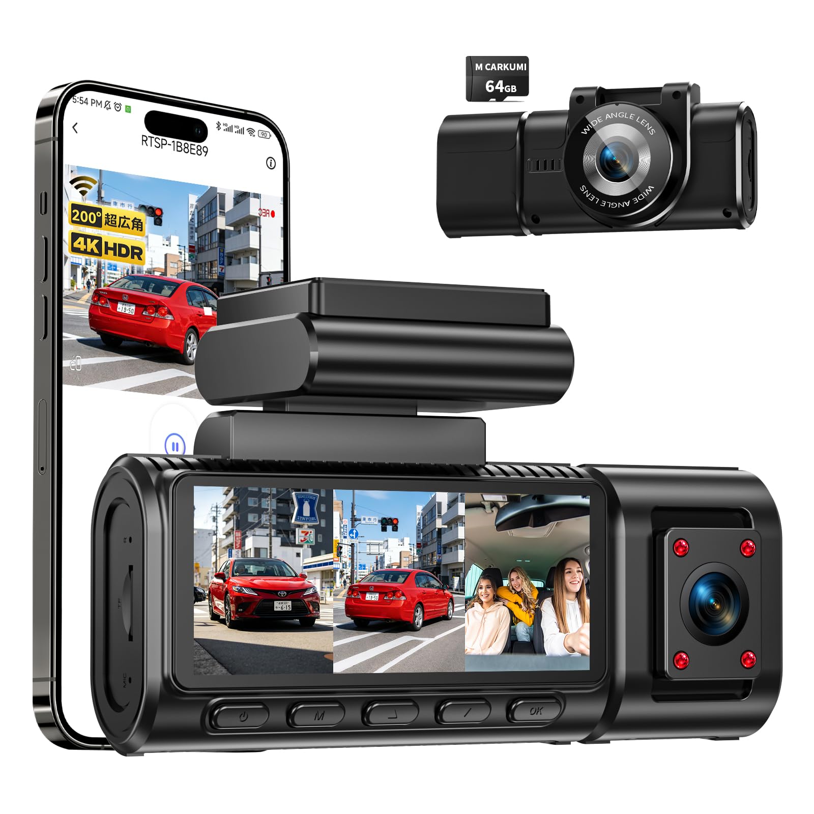 【2026 新登場 200°超広角フィッシュアイレンズ搭載】ドライブレコーダー3カメラ 4K+108 ...