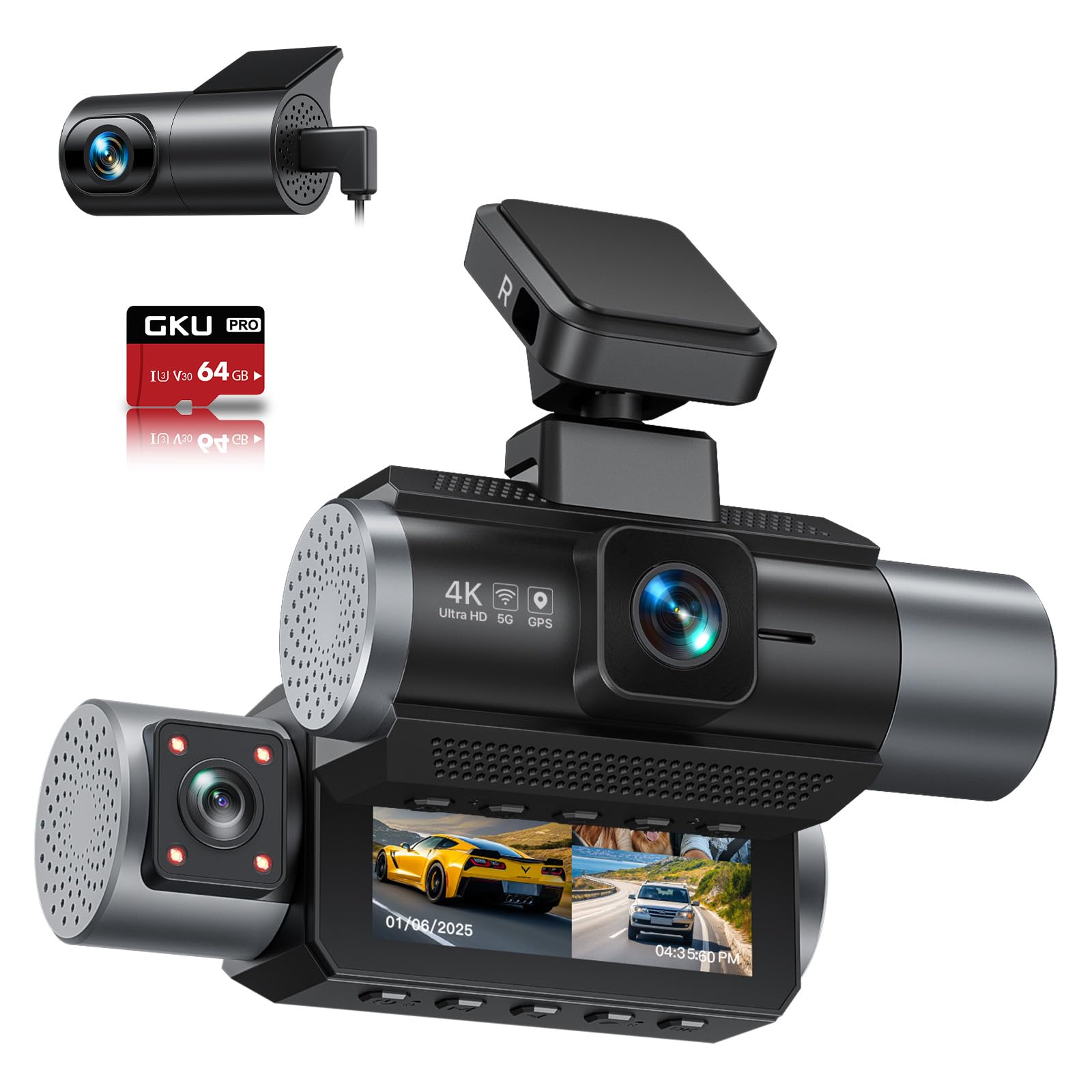 GKU 【3カメラ 4K ドライブレコーダー】前後カメラ 4K+2.5K 5GWifi 小型 ドラレ ...