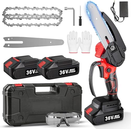 チェーンソー 充電式 電動ノコギリ【鈴木造園会社監修】 MJLN 電動チェーンソー 小型 ハンディチェーンソー コードレス ポータブル バッテリ一2個 強力ブラシレスモーター 軽量 ミニ 電動のこぎり 片手で使う 充電式チェーンソー 防風ゴーグルと手袋が付のサムネイル