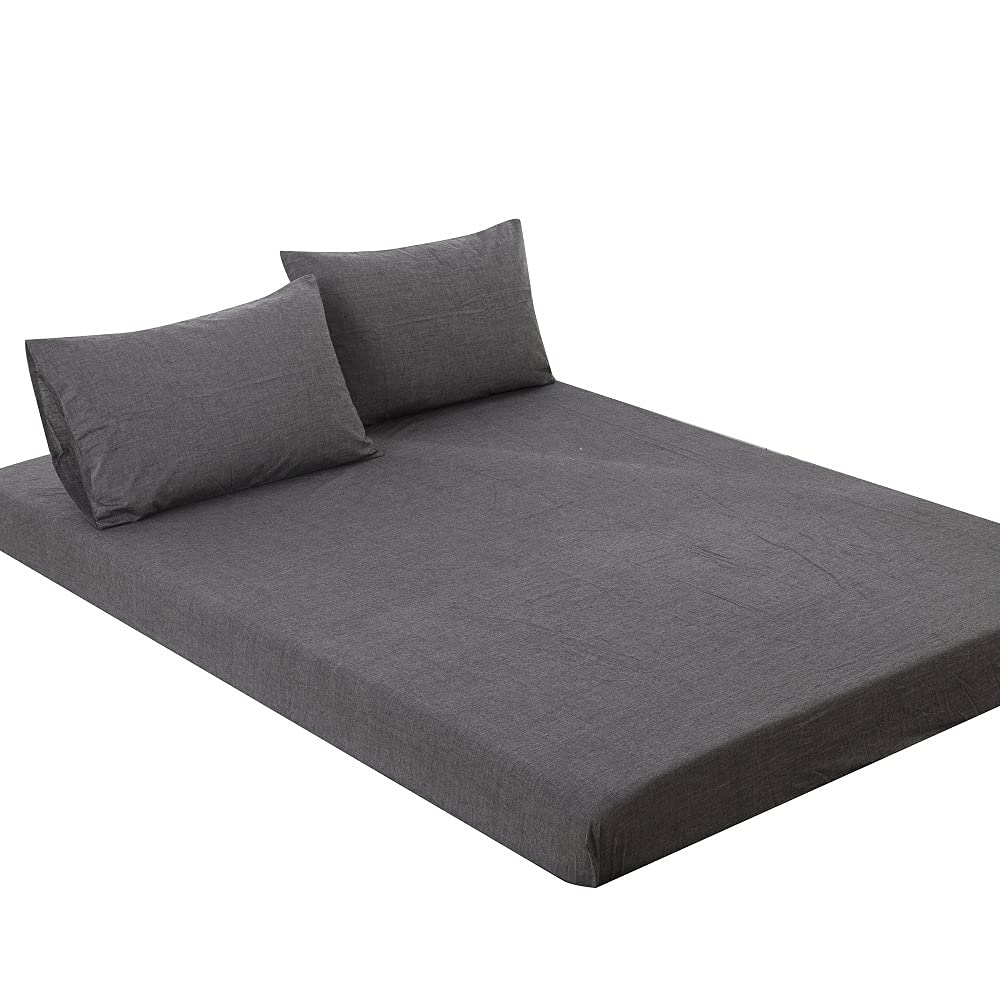 ボックスシーツ セミファミリー 220x200x30cm マットレスカバー オーガニックコットン洗いざらしの綿100% マチ部分約30cm ベッドシーツ ベットカバー 洋式・和式兼用 防ダニ チャコールグレー