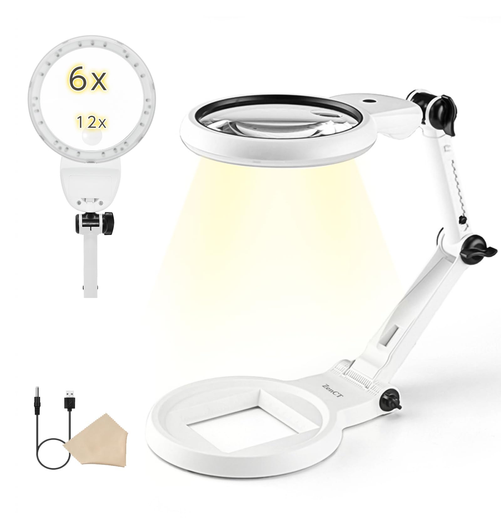 ZenCT 拡大鏡 卓上式 ルーペ 【倍率6倍&12倍】LEDライト付き USB給電/乾電池式 直径11.2cm 21灯 2種類レンズ 伸縮アーム 3種色温度 ...