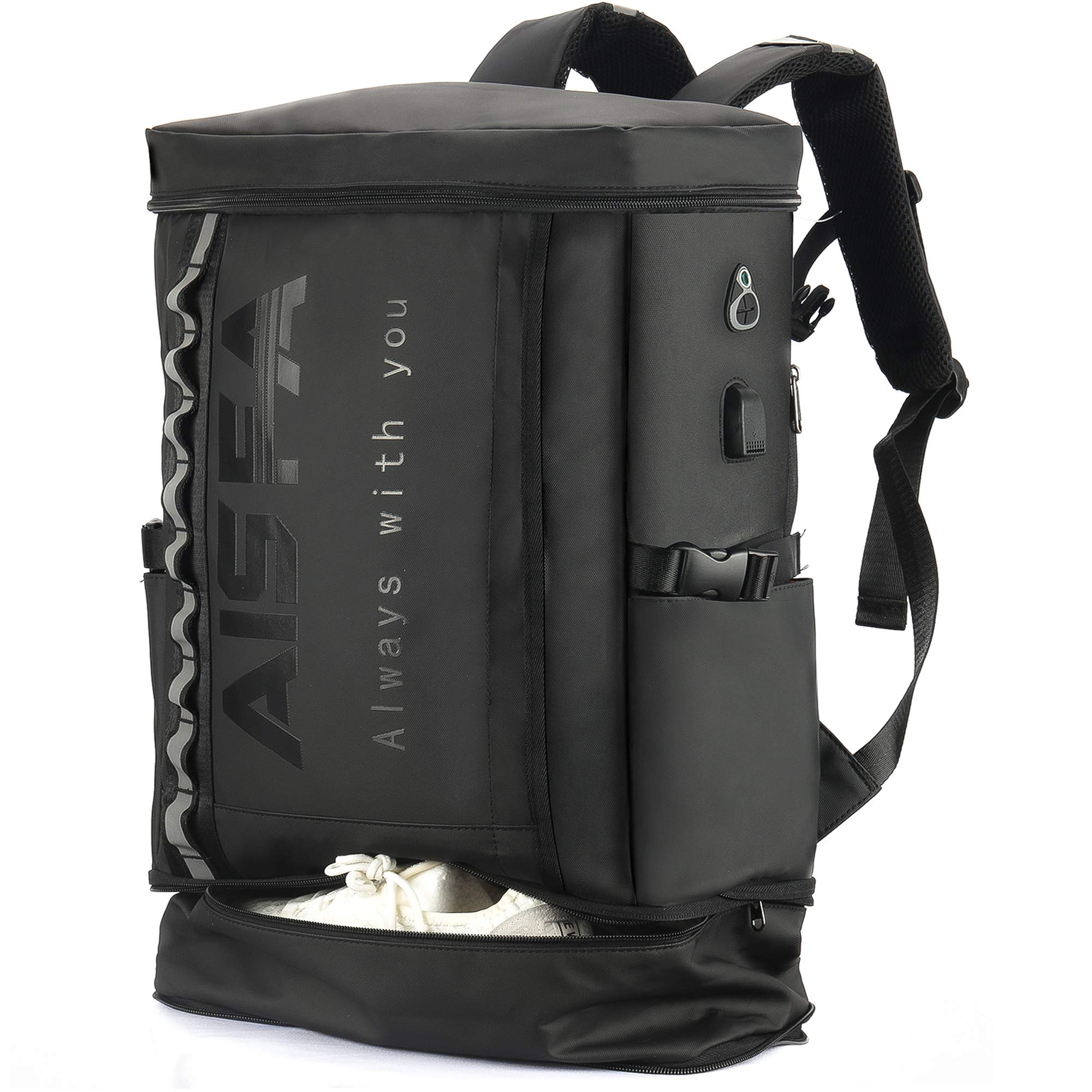 楽天RENEW[AISFA] リュック メンズ リュックサック スクエア バックパック 防水17インチ PC ビジネス ラップトップバック USB充電ポート付き 30L アウトドア旅行防災 通勤 靴/弁当収納（ブラック）