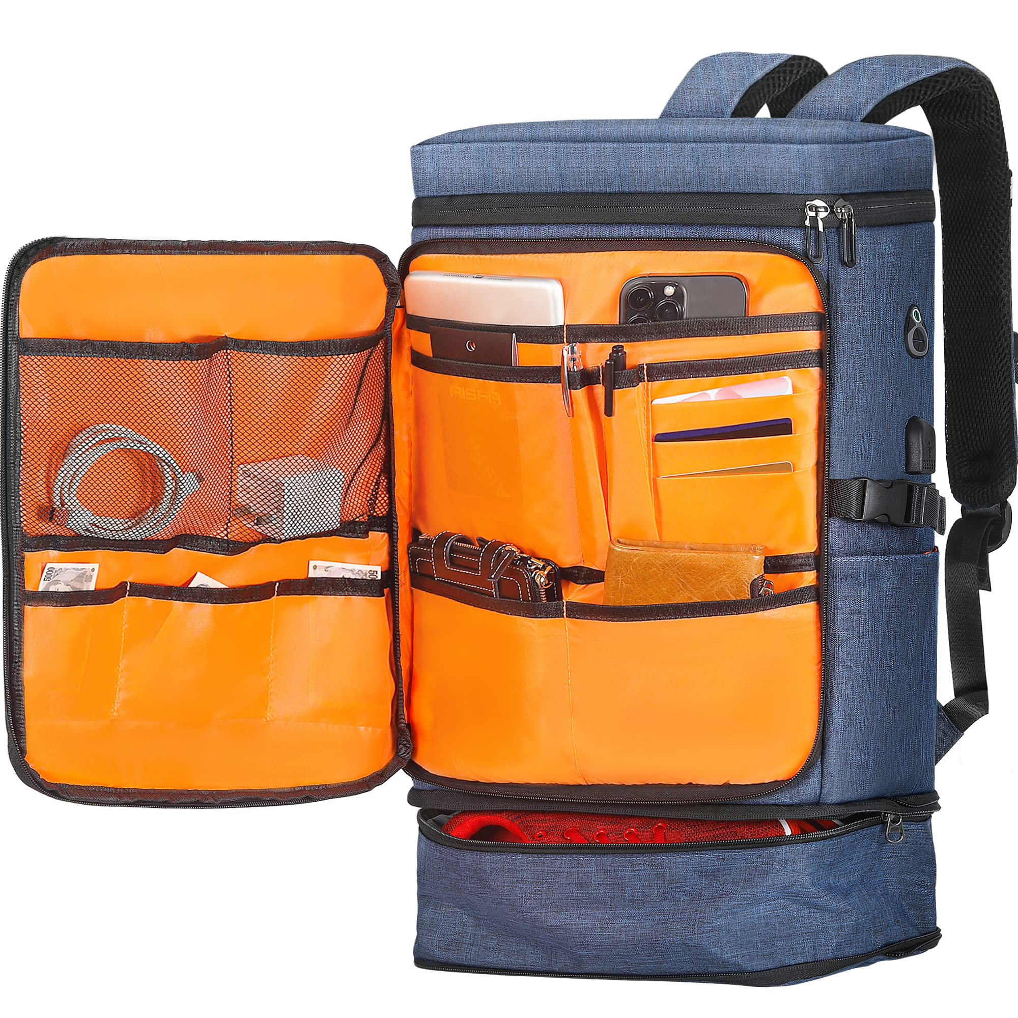 楽天RENEW[AISFA] リュック メンズ 大容量 スポーツリュック 旅行 リュックサックビジネスリュック スクエア型 バックパック 防水17インチPC 2層式 拡張機能 靴/弁当収納 USB充電ポート付き 30L アウトドア登山 通勤 学生 防災 男女兼用（ブルー