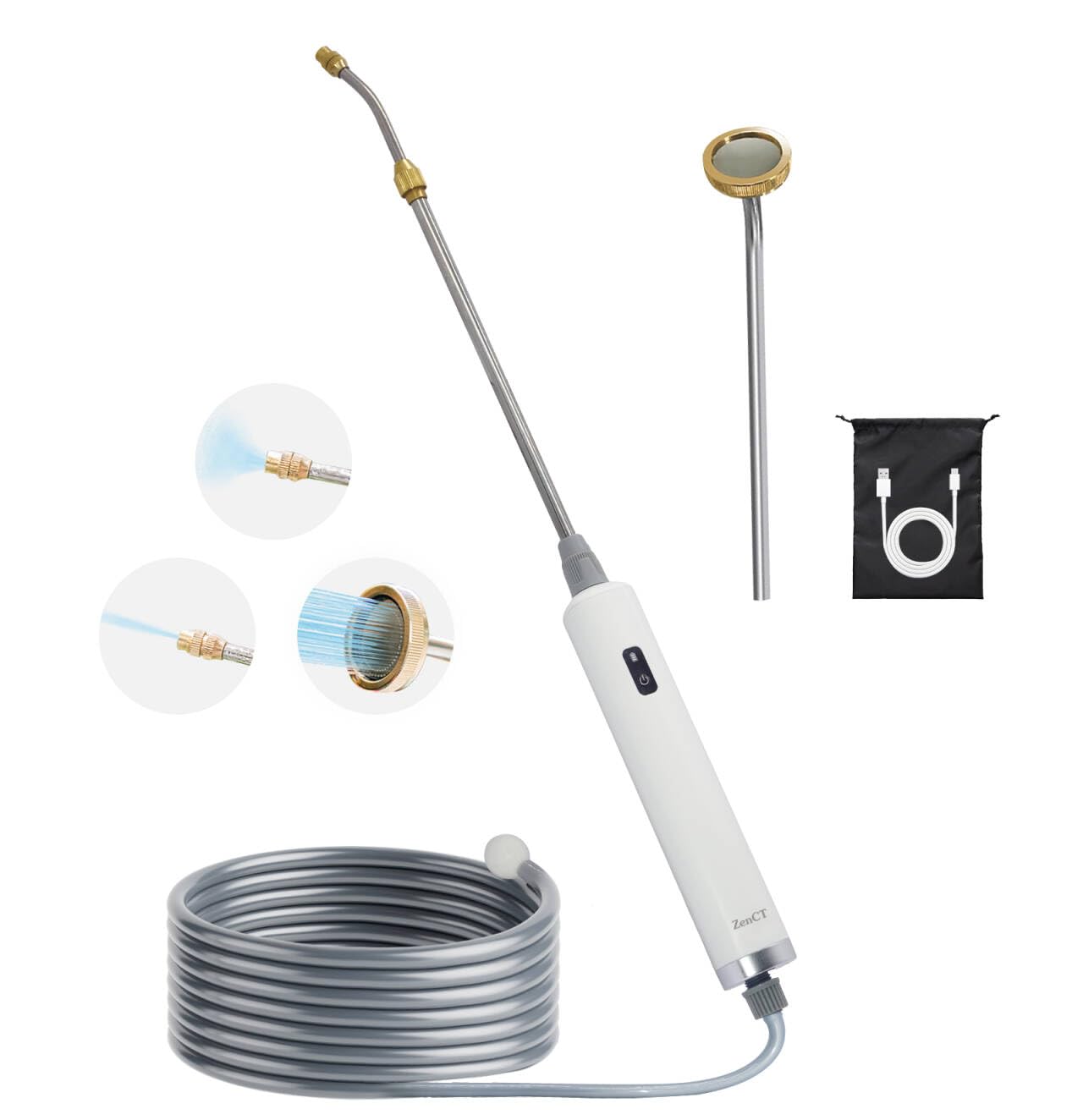 ZenCT 電動噴霧器 シャワー散水ノズル付き 電動スプレー 7m吸水ホース 26・45.5cm伸縮パイプ 噴霧＆直..