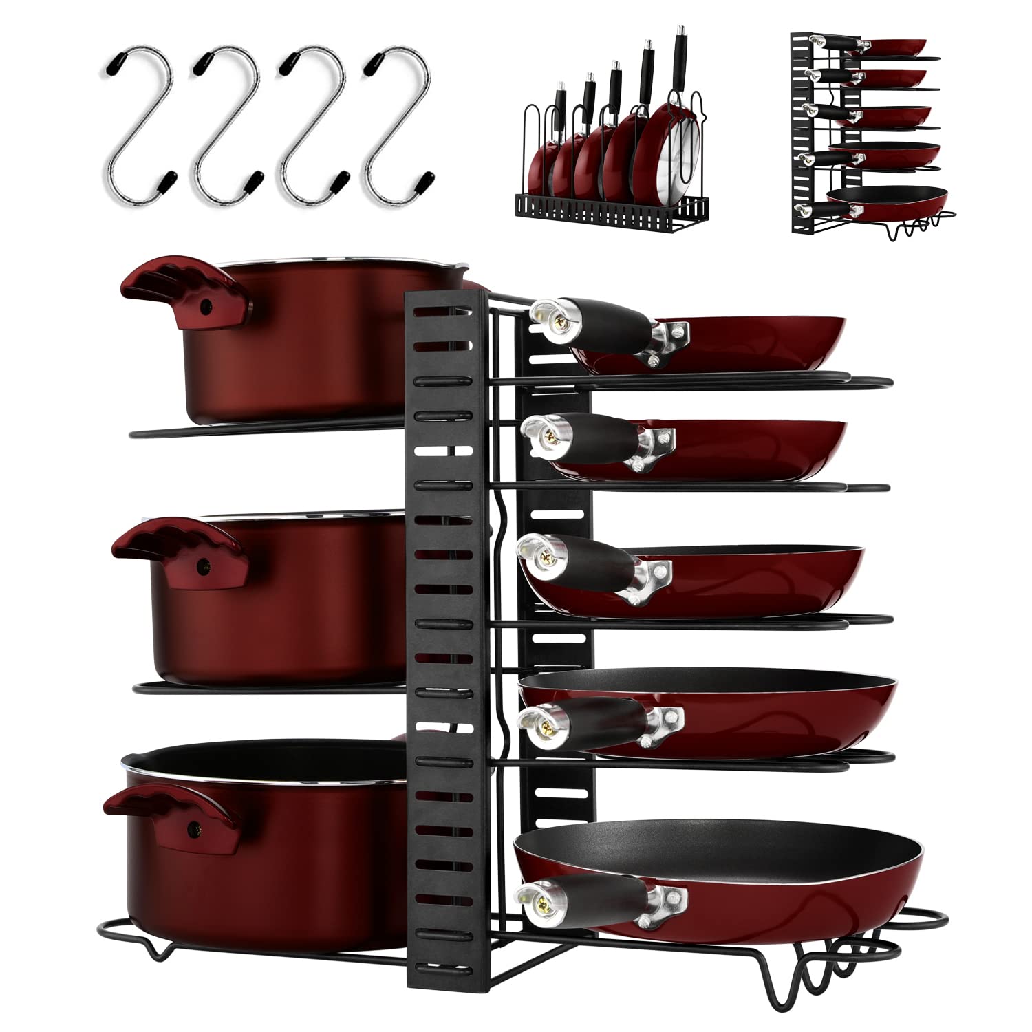 HASONA フライパンスタンド (8仕切り フライパンラック フック4個付き) 鍋 フライパン 収納 スタンド 3..