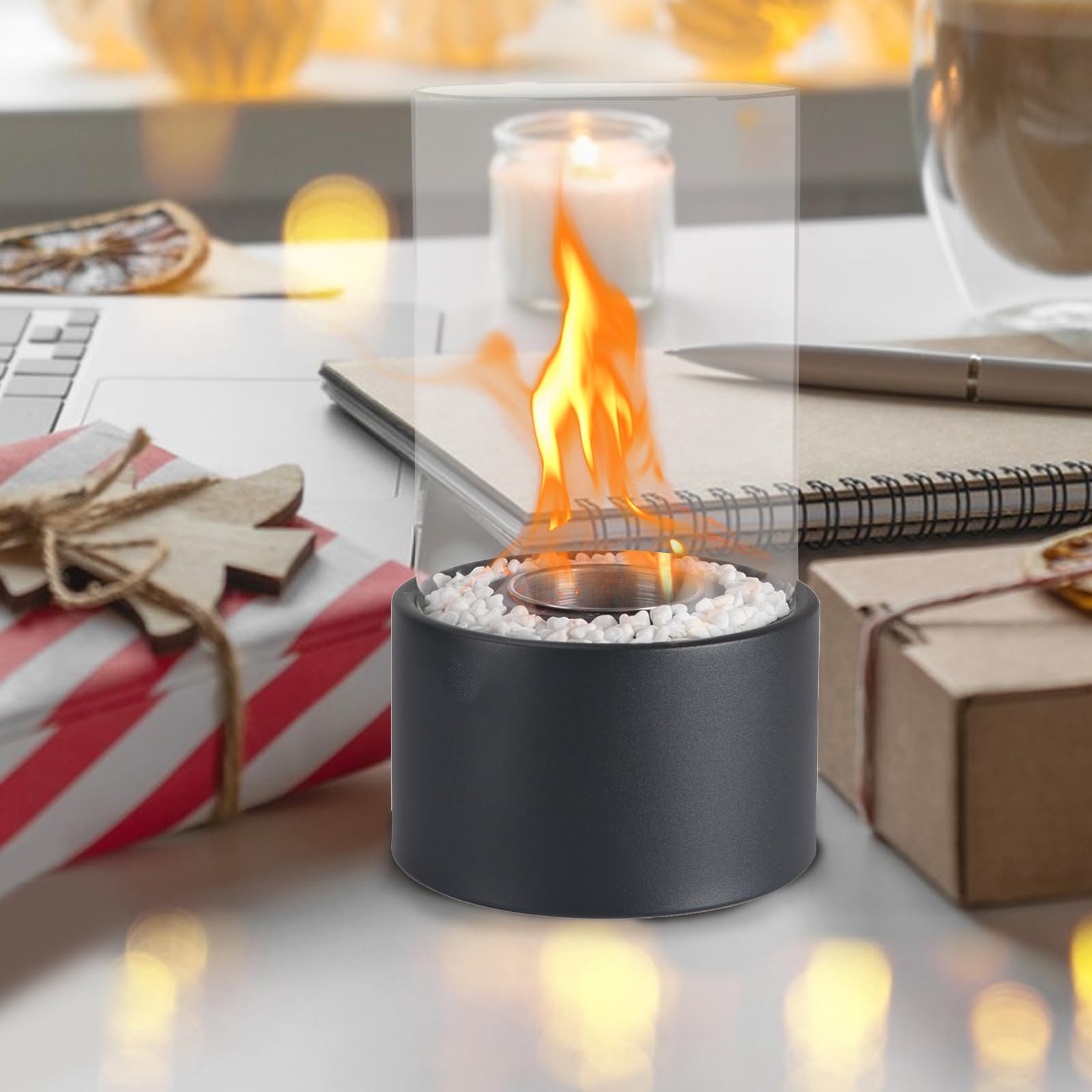 暖炉 バイオエタノール暖炉 円形 クッカー フォーク 保温マット クリップ 防風ガラスカバー付き 高さ 28cm 卓上暖炉 持ち運び便利 屋内 屋外両用 ギフト...