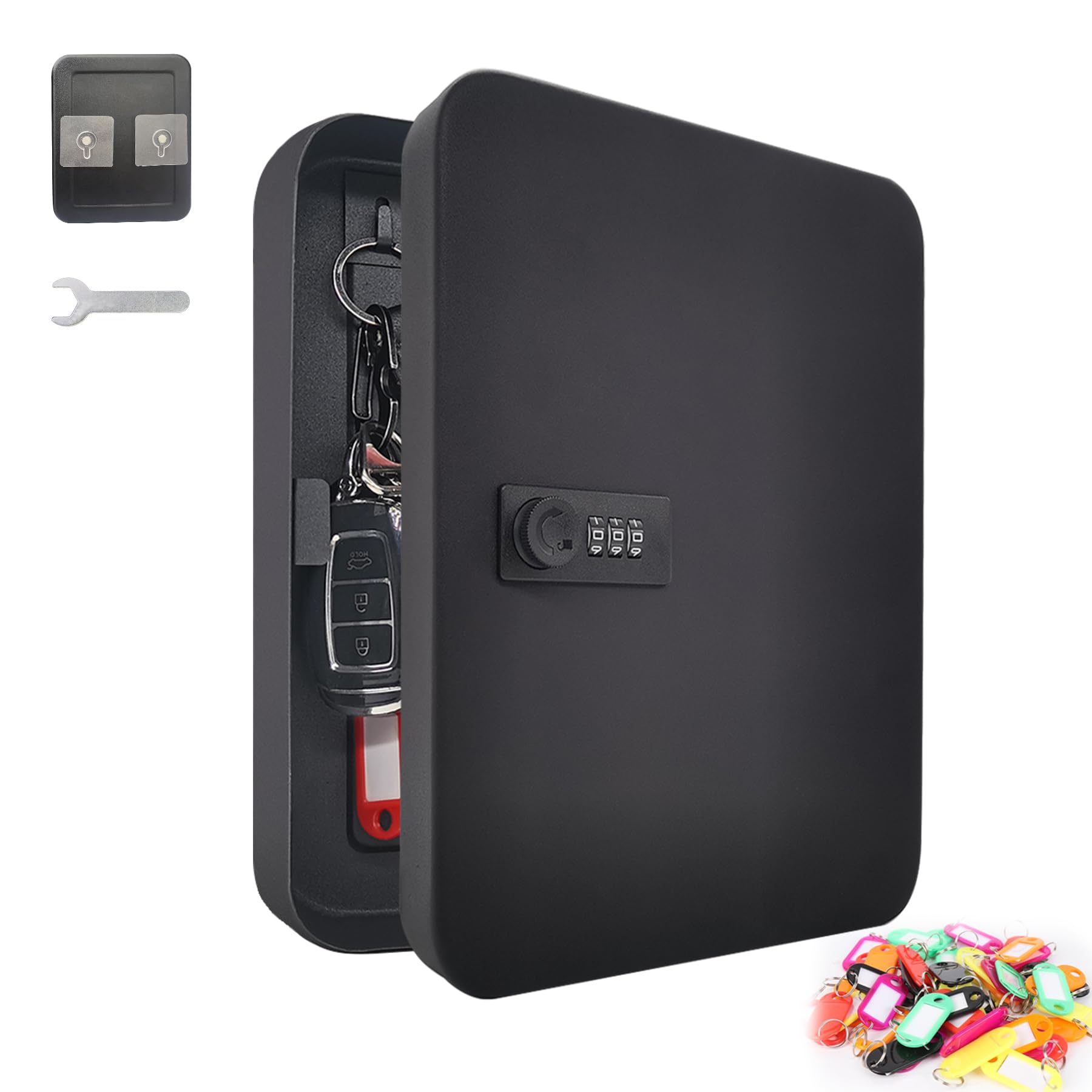 KUKUAN キーボックス 壁掛け キーケース 貼り付け式 鍵収納 キーハンガー 3桁ダイヤル式 屋外 事務器 倉庫 事務所 工事現場 家庭用 28キー 屋外 盗難防止 日本語取扱説明書付き (黒, 28キー)