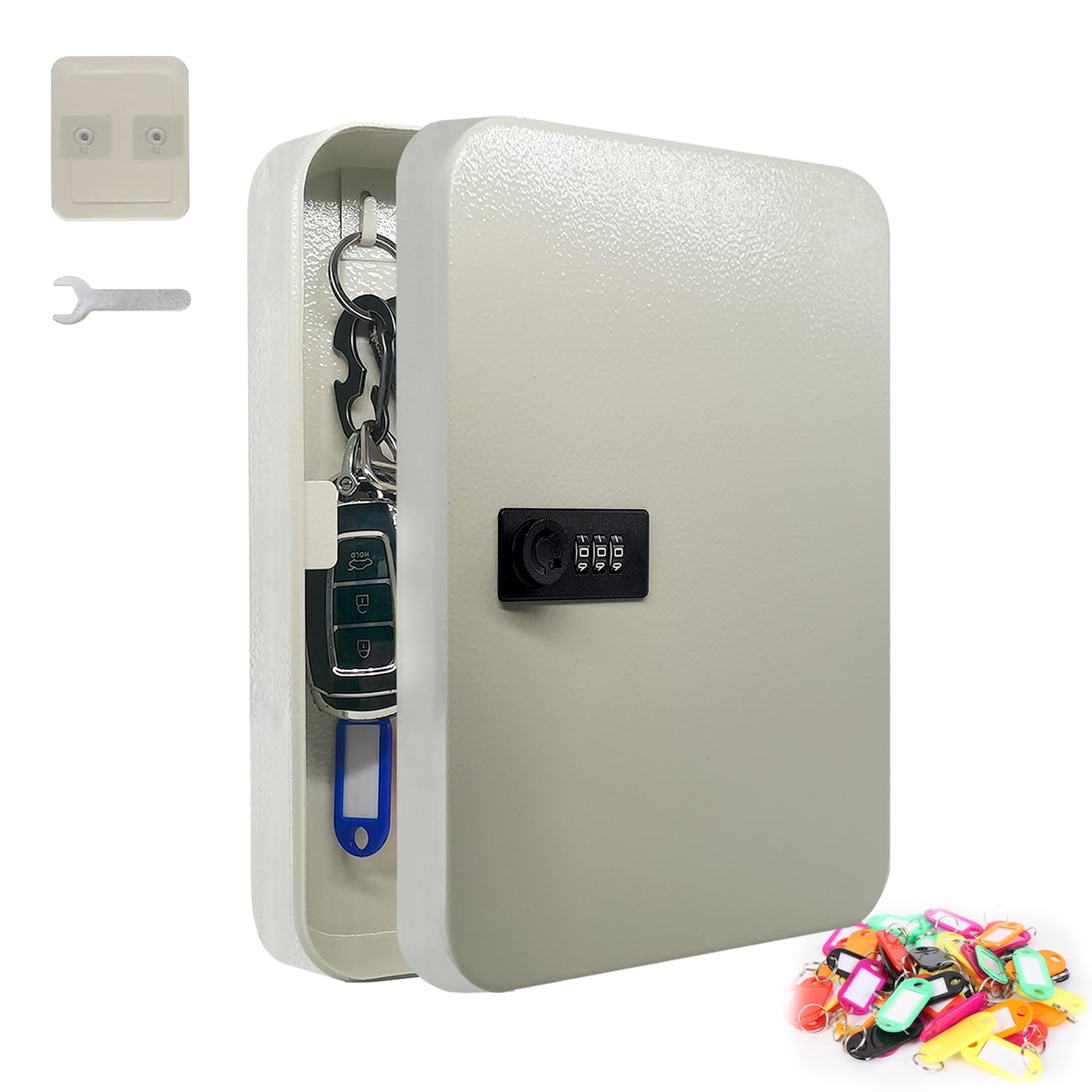 KUKUAN キーボックス 壁掛け キーケース 貼り付け式 鍵収納 キーハンガー 3桁ダイヤル式 屋外 事務器 倉庫 事務所 工事現場 家庭用 28キー 屋外 盗難防止 日本語取扱説明書付き (白い色, 28キー)