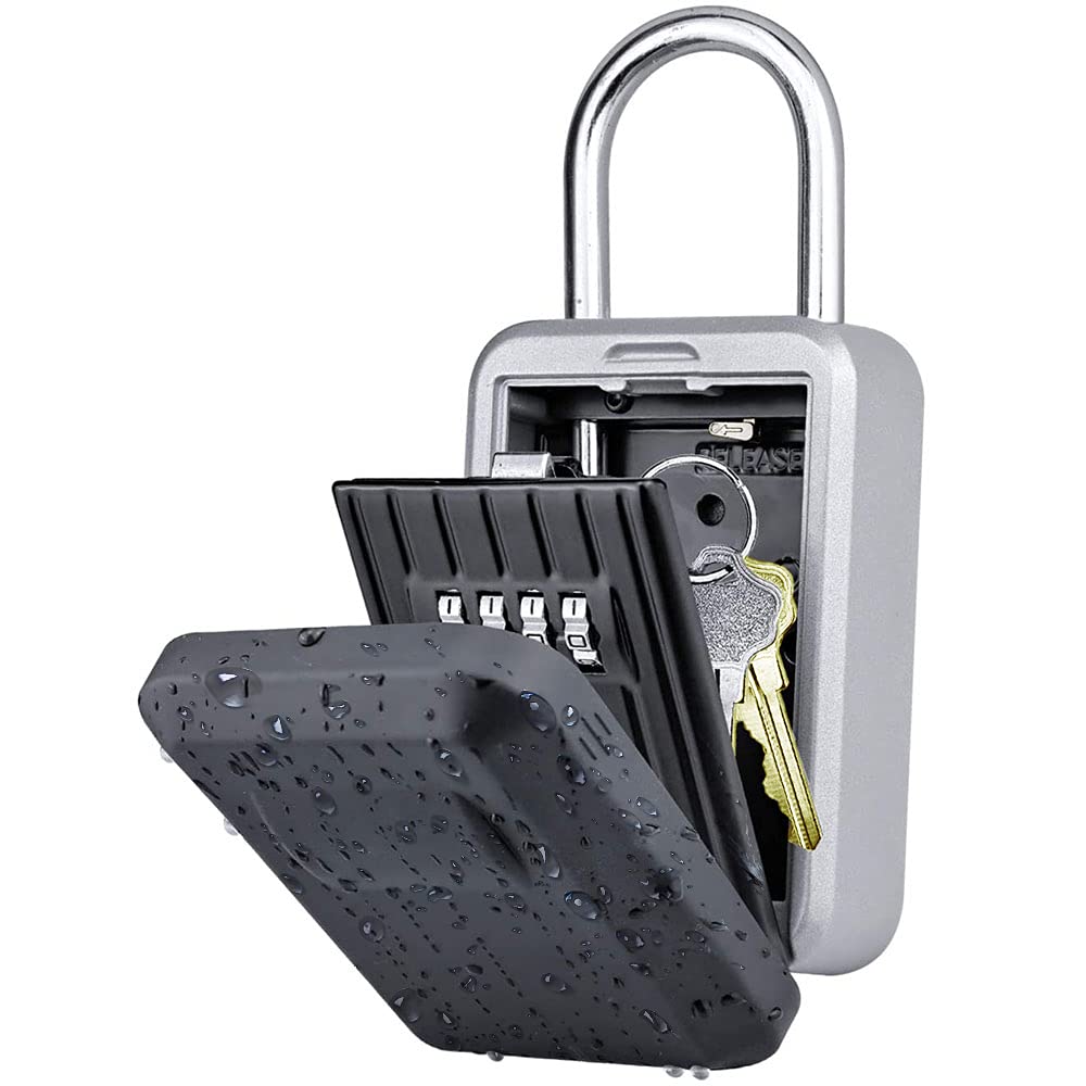 防水型 キーボックス 鍵共有ボックス 鍵収納ボックス ダイヤル式 4桁暗証番号 強化合金鍛造 防水カバー付き 防水 防塵 錆びにくい 壁掛け キー収納 南京錠 盗難防止 鍵共有 玄関 倉庫 日本語説明書付き 【文君の店】 (シルバ+ブラック)