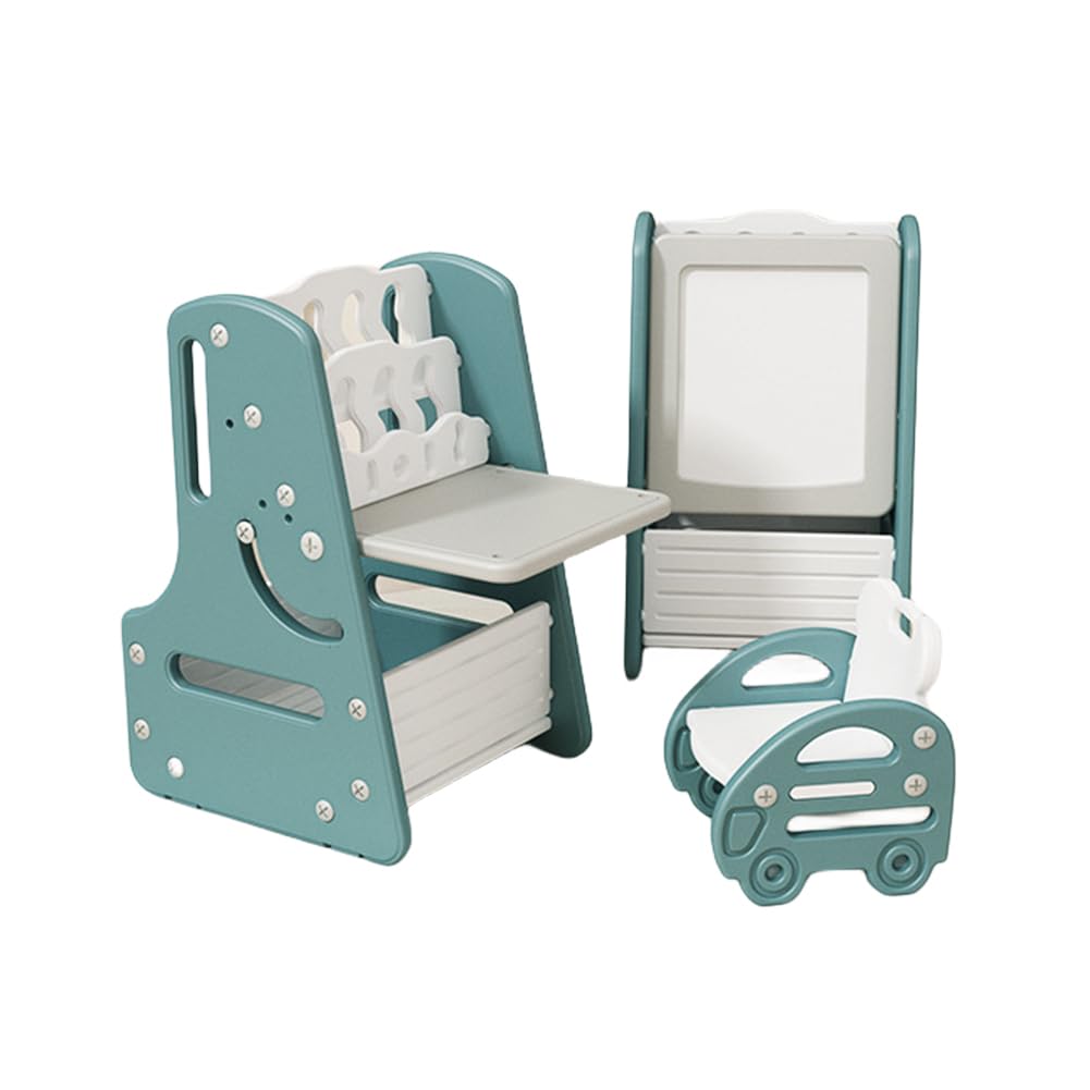 Jumei お絵描きボード キッズデスク イーゼル付き 大きい 多機能テーブル＆チェア 絵本棚 知育デスク ..