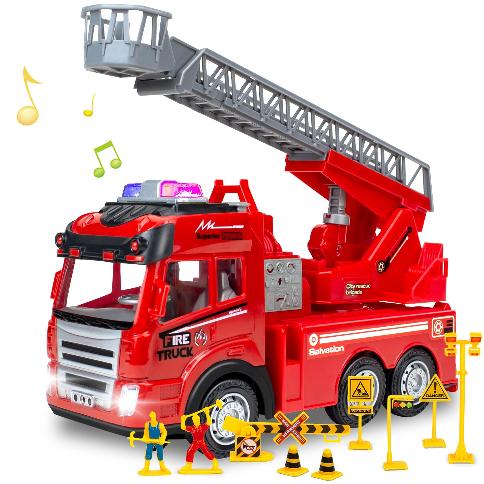 消防車 おもちゃ はしご消防車 緊急車両 消防シリーズ はしご付き 消防車両 モデルカー レスキューカー 働く車 LEDライト 車 おもちゃ 屈折はしご車 男の...
