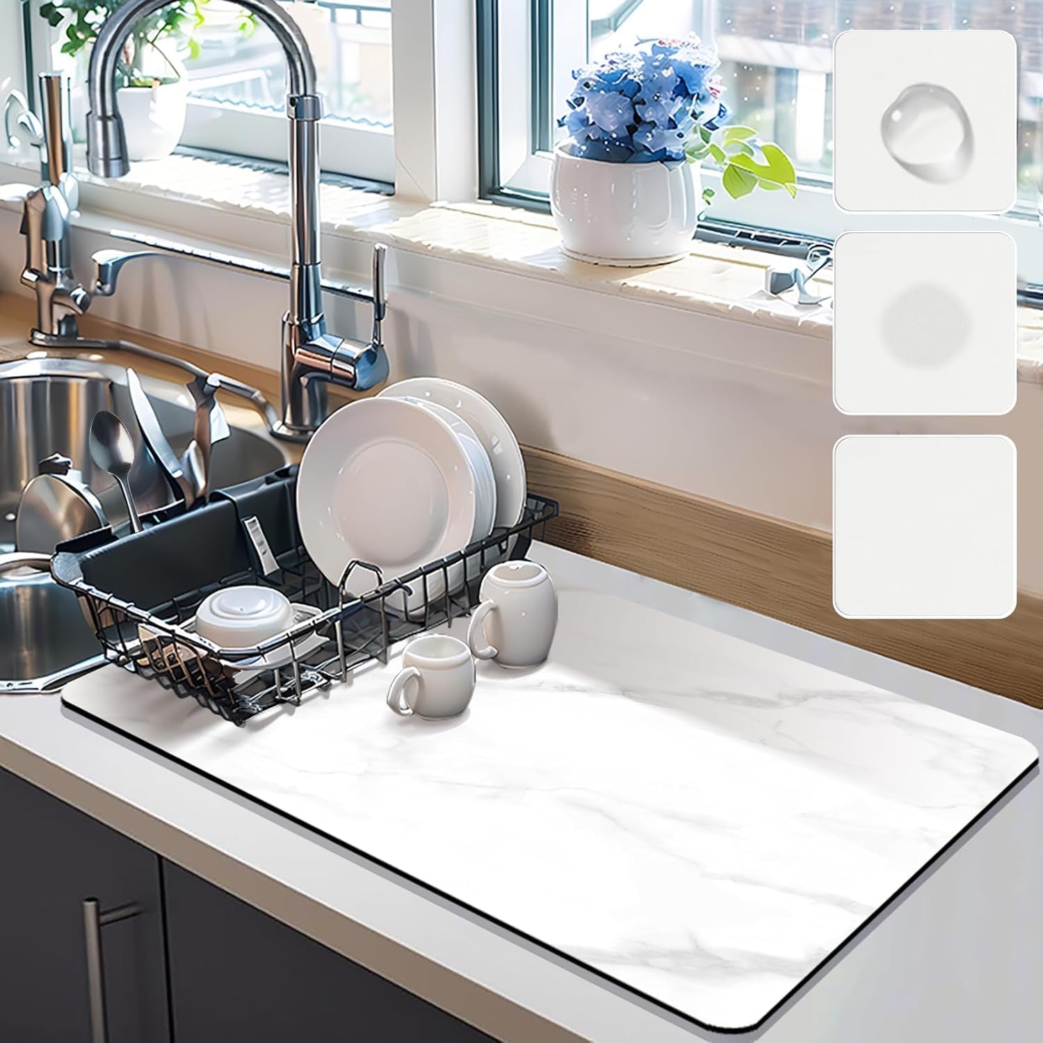 水切りマット 珪藻土 速乾吸水マット 食器乾燥マット 丸めて収納 滑り止 皿置き 速乾性 耐油性 お手入れ簡単 (30X50CM, 白い大理石柄)