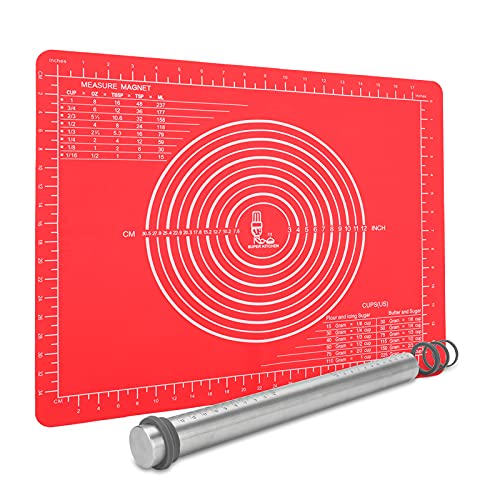 ステンレスめん棒 厚さ調節可能 ケーキ パスタ 餃子 クッキー ピザ お菓子作り 製菓道具 製パン そば打ち 麺棒 粘くないで洗浄しやすい麺棒 + シリコン 大きいサイズクッキングマット 目盛り付き 40 × 50 cm キッチン 調理 ベーキングマットのサムネイル