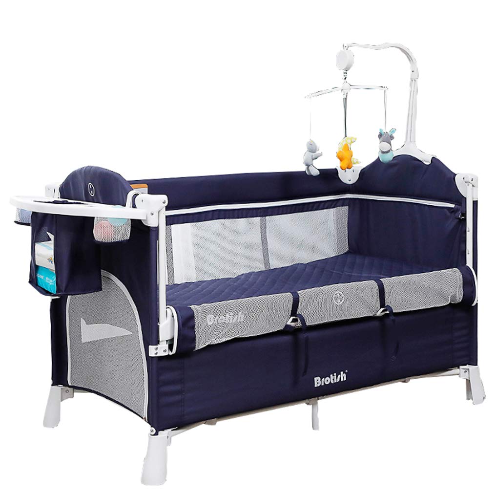 Wondc プレイヤード ベビーベッド サイド昇降可能 ベビーサークル バシネット付き 折りたたみ おむつ交換台付き キャリーバッグ付 ミュージカルおもちゃ付（0-36ヶ月） ネイビーブルー 120*72*63cm