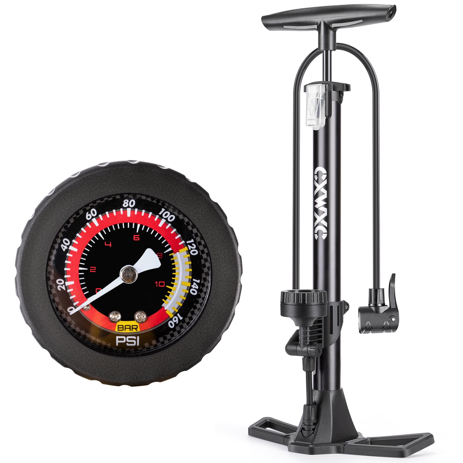CXWXC 自転車 空気入れ 仏式/英式/米式バルブ対応 大型ゲージ付き 160psi フロアポンプ 浮き輪/ボールアダプター付き アルミ製 ブラック （CX-5832F）