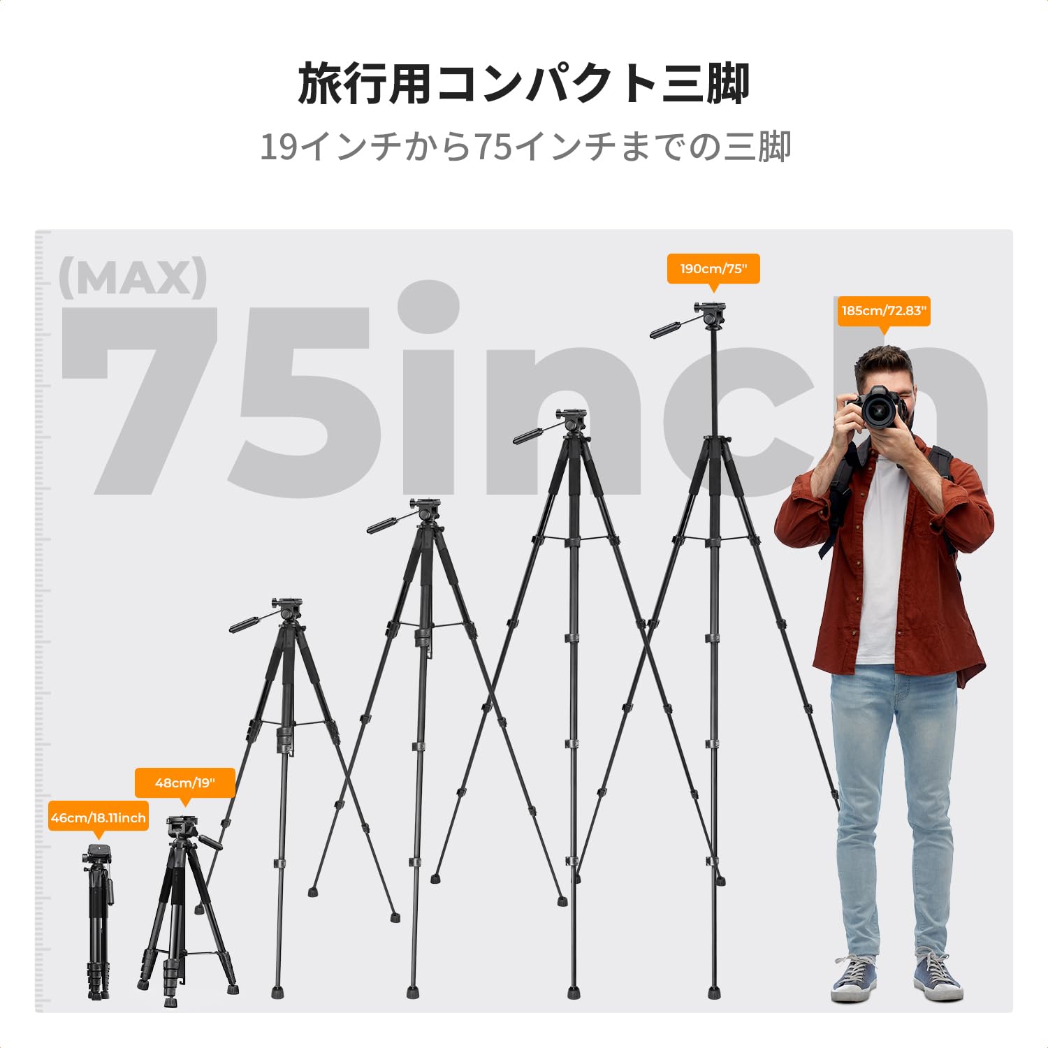 カメラ三脚 K&F CONCEPT190cm カメラ 三脚 スマホ三脚 軽量三脚 コンパクト トラベル三脚 5段階伸縮 360°回転 耐荷重 4キロ ポータブル5面プロファイルチューブ、遠隔撮影リモコン 付き 着脱式ビデオ雲台＋タブレット/携帯電話クリップ