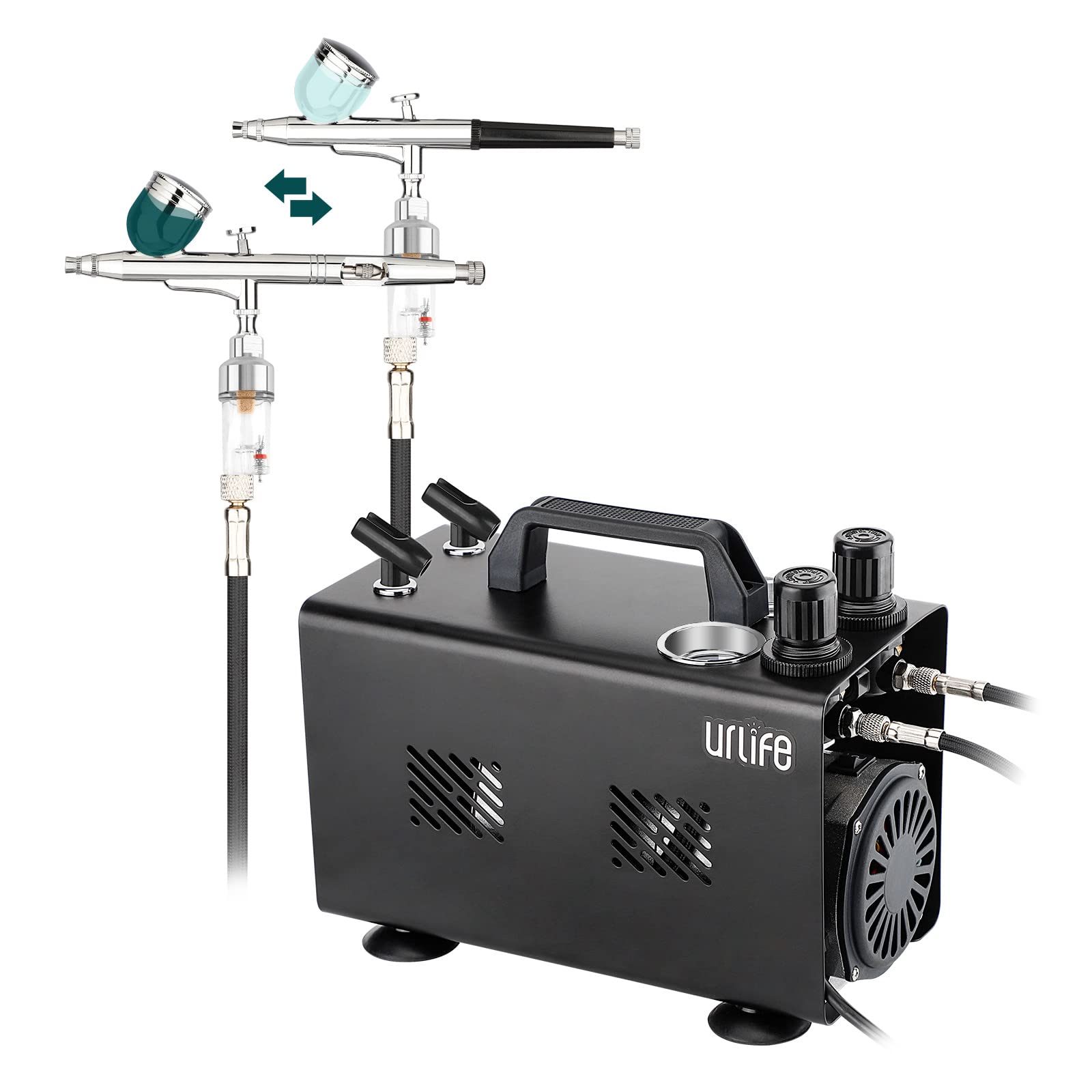 urlife HPCube 2色 エアブラシ コンプレッサー 2本 セット 素早く色替え エア圧力が独立して調整可能 1Lタンク付き 安定した空気圧力 エアーブラシ 静音 パワフル 長時間連続作業可