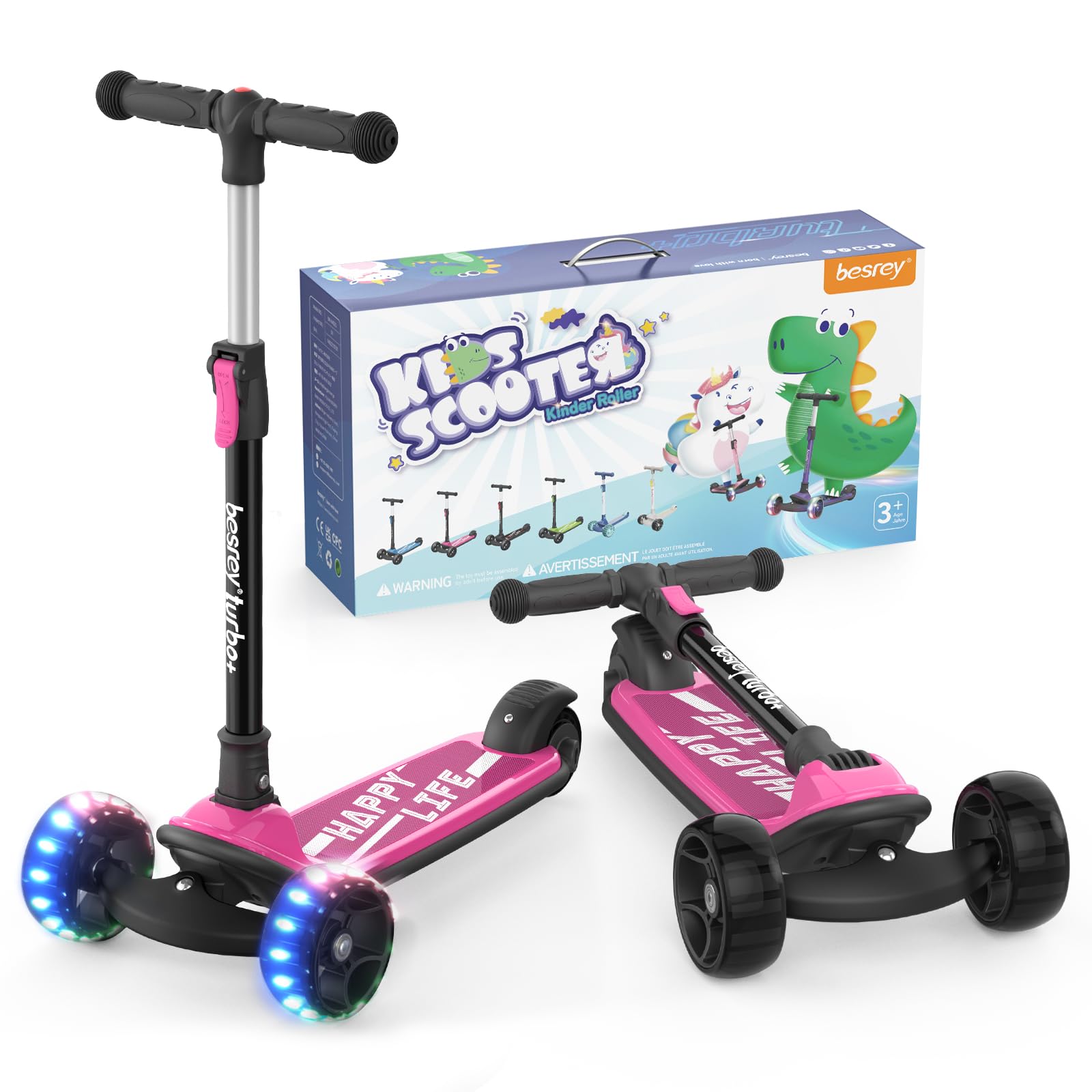 besrey キックスクーター キックボード子供 キッズスクーター 三輪車 3輪タイプ 3階段調節可能 方向転換 後輪ブレーキ 高さ調整可能 光るLEDタイヤ 軽量 持ち運び便利 多機能 コンパクト 静音 誕生日 プレゼント ブルー ピンク