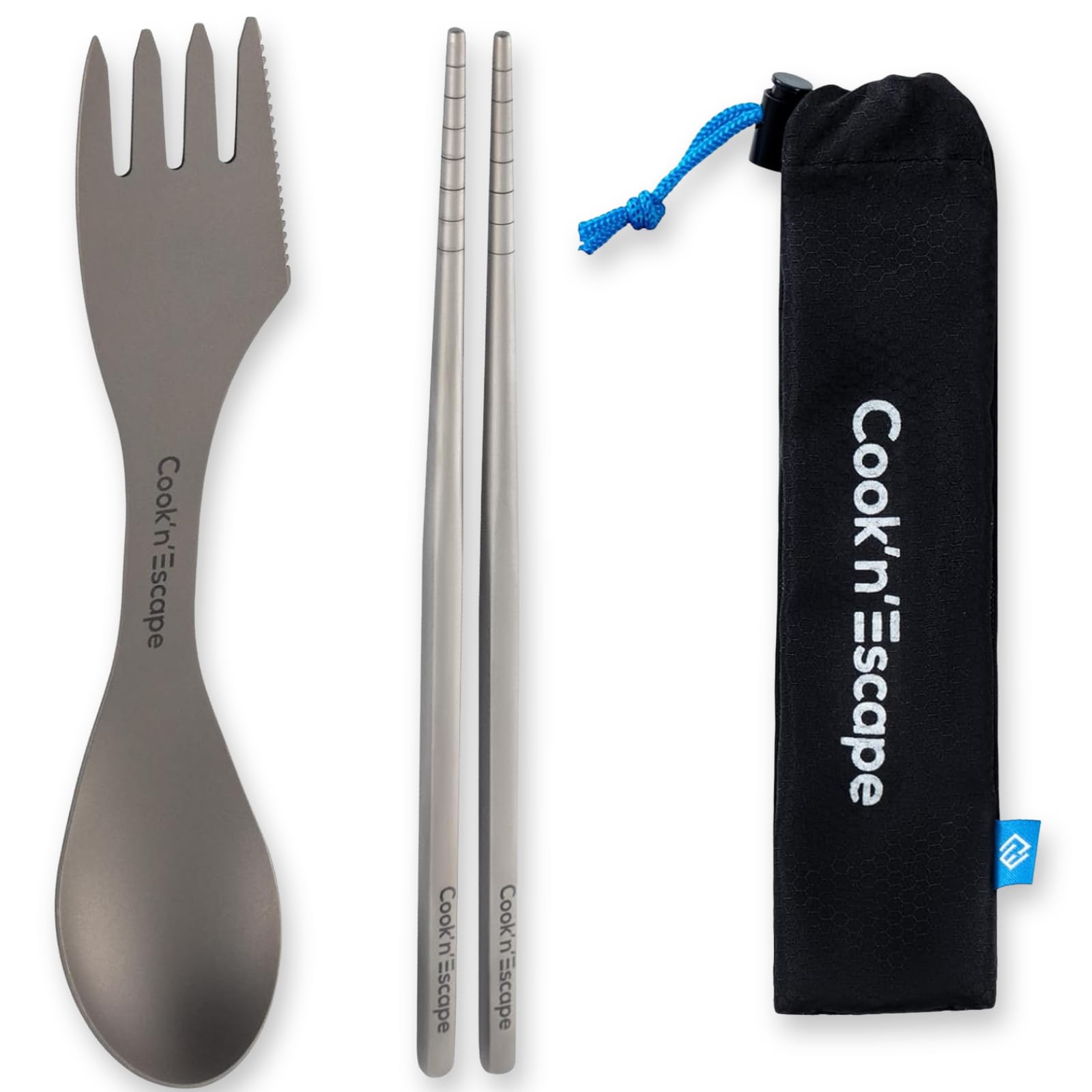 COOK'N'ESCAPE チタン カトラリーセット 三徳スプーン＆チタン箸 超軽量44g メッシュ収納袋付き アウト..