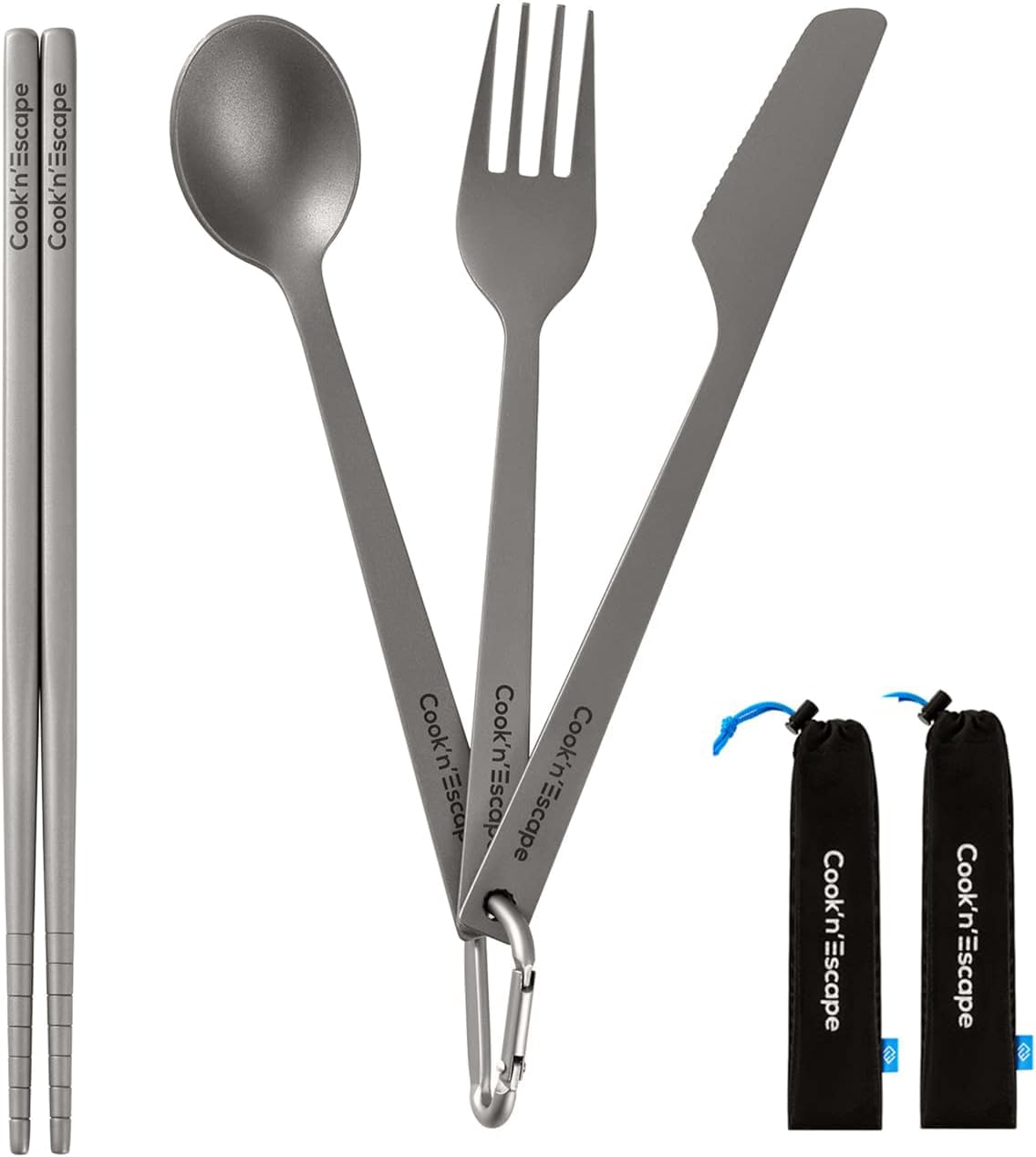 COOK'N'ESCAPE チタン カトラリーセット スプーン フォーク ナイフ 箸 多機能 コンパクト 頑丈 メッシ..