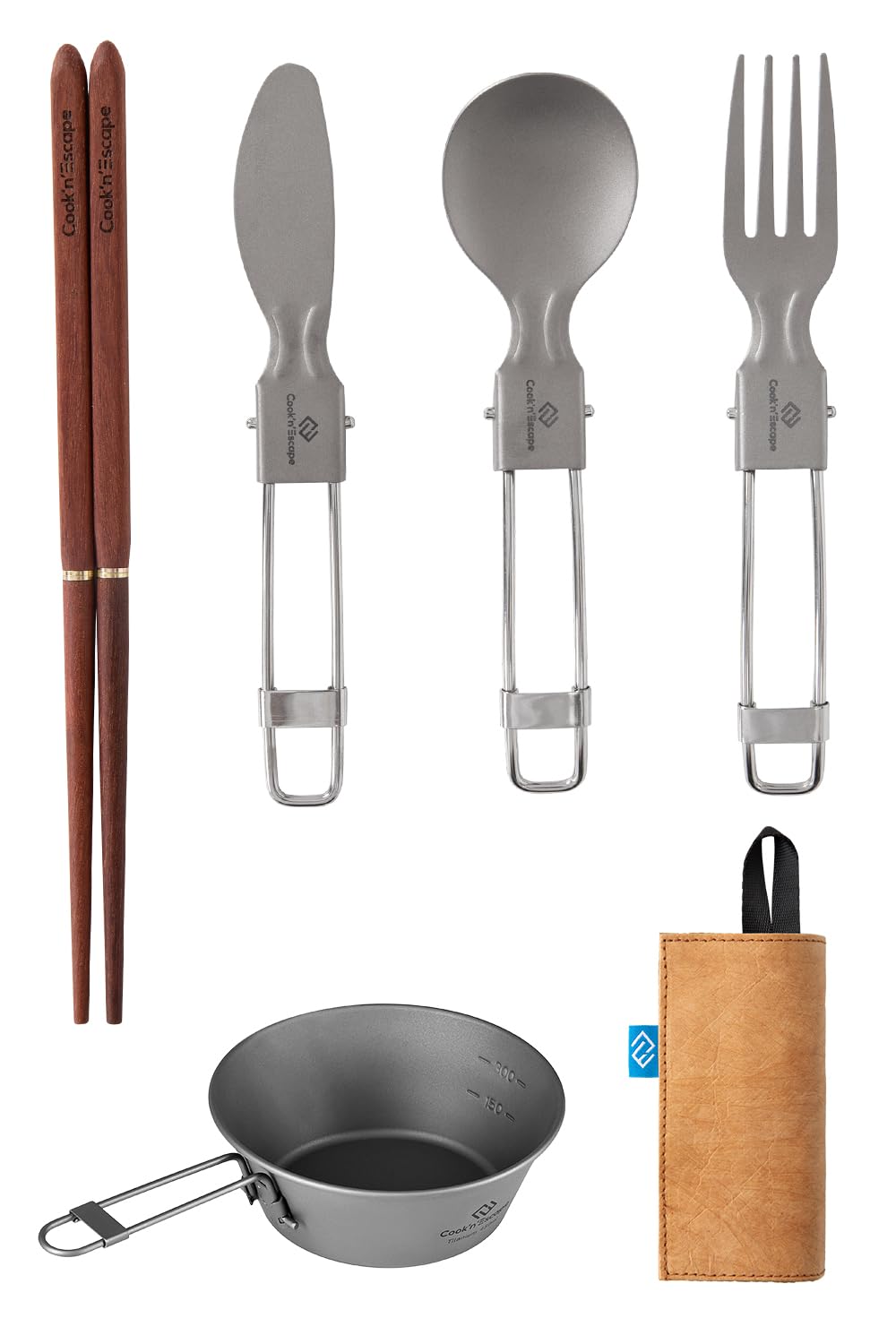 COOK'N'ESCAPE チタン カトラリーセット 折りたたみ式 5点/6点 シェラカップ付き 軽量 コンパクト UL向..