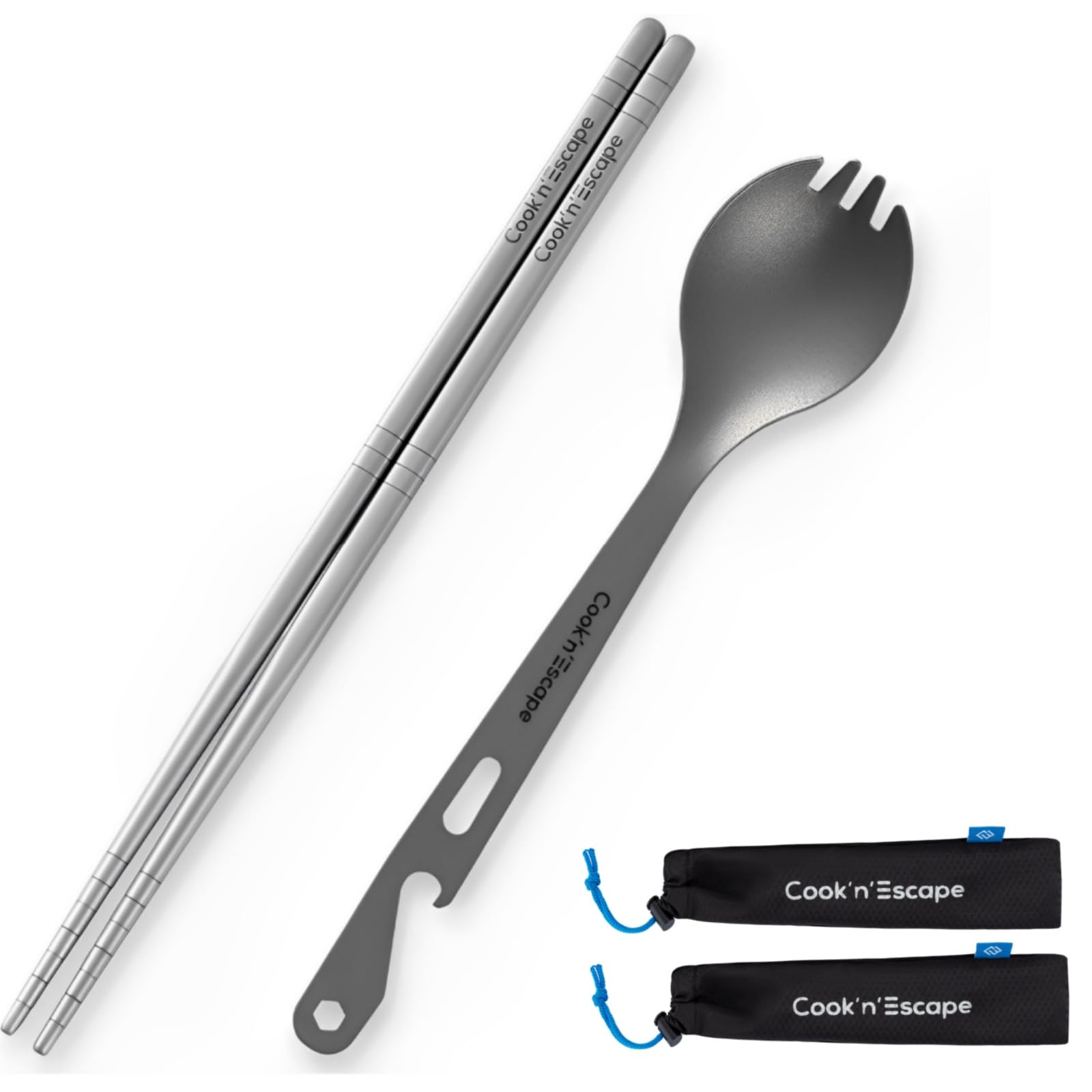 COOK'N'ESCAPE 純チタン製 カトラリーセット 先割れスプーン＋チタン箸 2点セット 超軽量 約50g 無塗装..