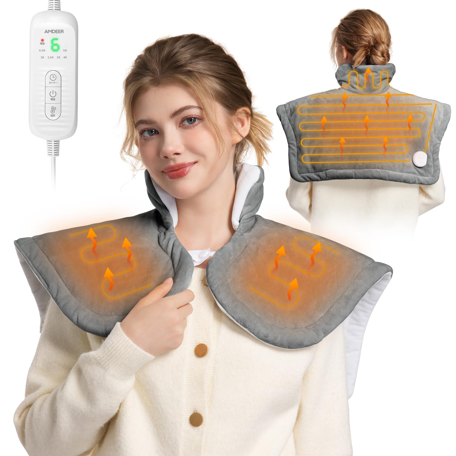 Amdeer 電気肩パッド 電気肩当て 8段階温度切替 6段階切タイマー ふわふわ 高級フランネル生地 加熱 肩当て 自宅 オフィス用 スポーツ観戦 省エネ 暖房器具 洗える 電気パッド 防臭 ダニ退治 防寒対策 52*58cm ダークグレー