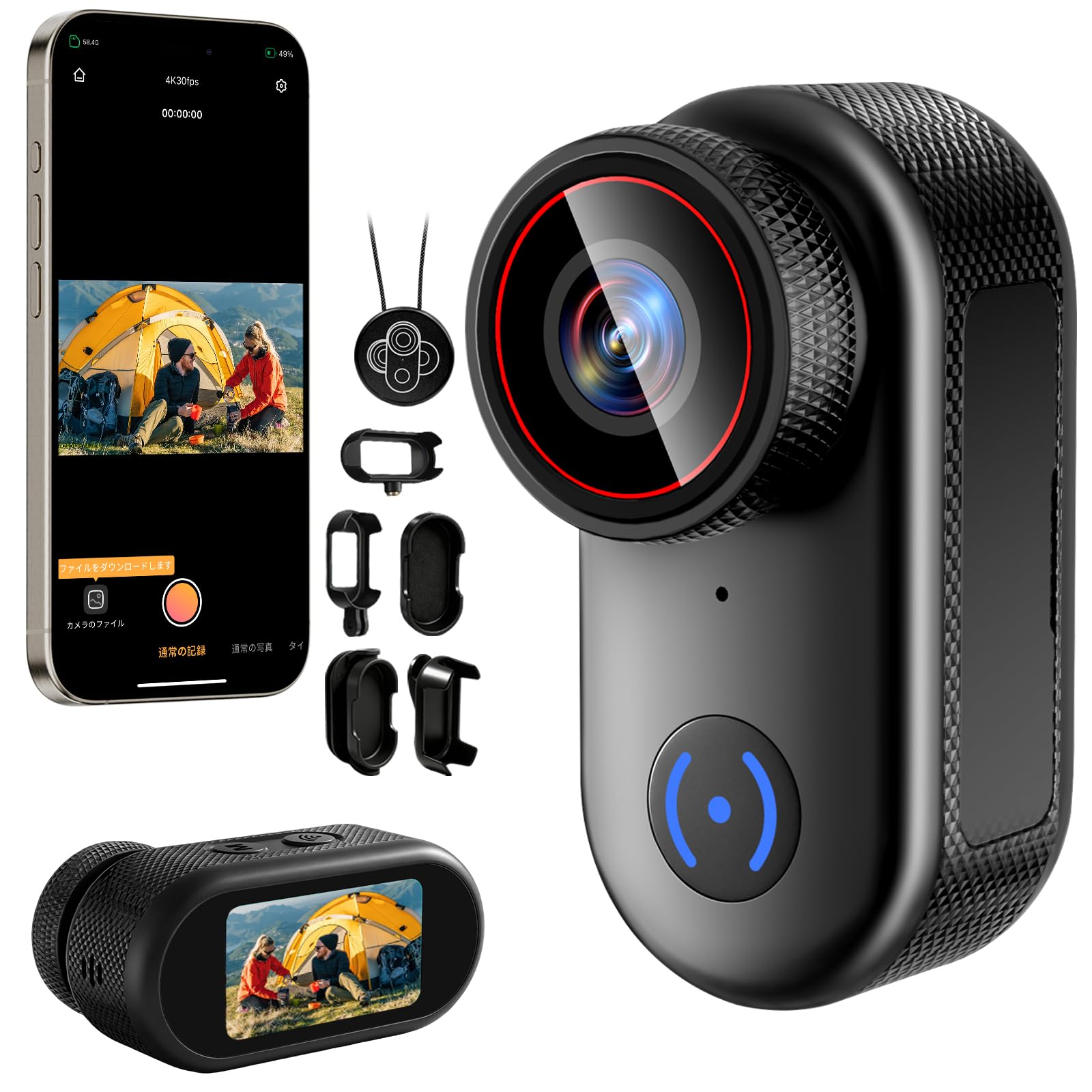 4K 8MPアクションカメラ 小型ウェアラブルカメラ 140°広角小型Vlogビデオカメラ 1.47インチモニター搭載 プリ録画 連写 遅延撮影 ボディカメラ ループ録画 150min連続稼働 IP65防水 スマホ連携 写真撮影 Vlog/旅行/アウトドア