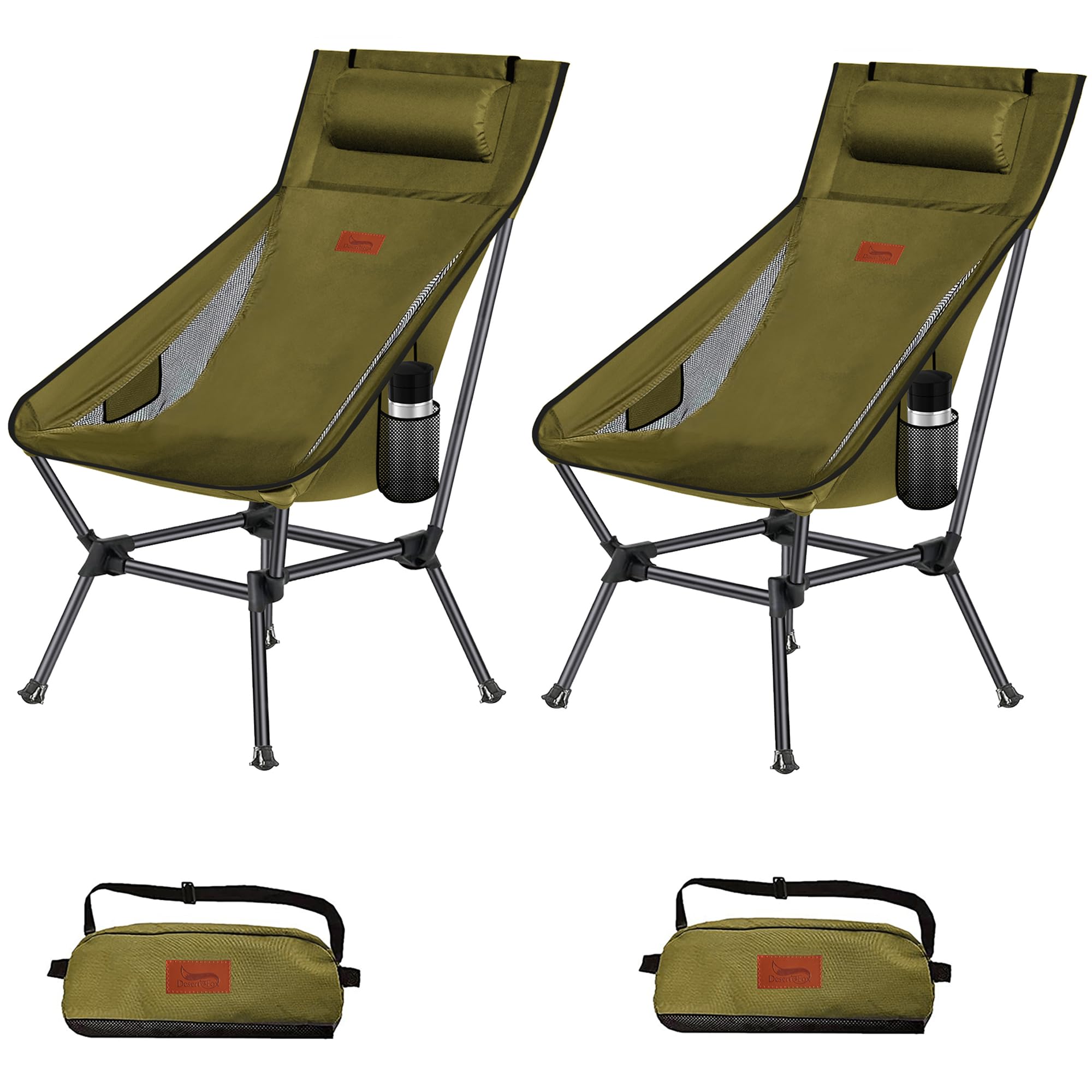 楽天RENEWDesertFox アウトドアチェア 2WAY キャンプ椅子 ローチェア 軽量 枕付き ハイバック 単品/セット【独自開発のカップホルダー】 耐荷重150kg コンパクト イス ロータイプ 収納袋付属 携帯便利 0098ZG （緑，2）