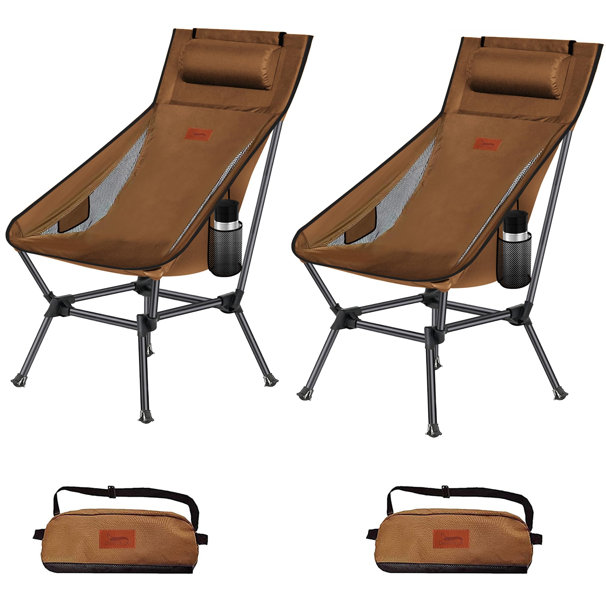 楽天RENEWDesertFox アウトドアチェア 2WAY キャンプ椅子 ローチェア 軽量 枕付き ハイバック 単品/セット【独自開発のカップホルダー】 耐荷重150kg コンパクト イス ロータイプ 収納袋付属 携帯便利 0098ZG （ブラウン，2）