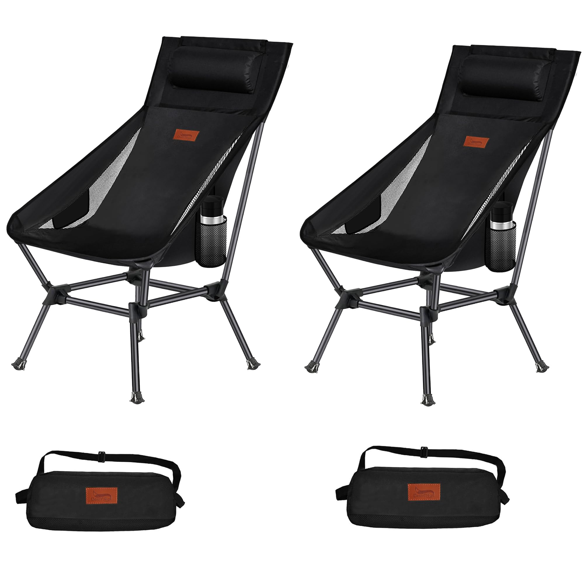 楽天RENEWDesertFox アウトドアチェア 2WAY キャンプ椅子 ローチェア 軽量 枕付き ハイバック 単品/セット【独自開発のカップホルダー】 耐荷重150kg コンパクト イス ロータイプ 収納袋付属 携帯便利 0098ZG （黒，2）