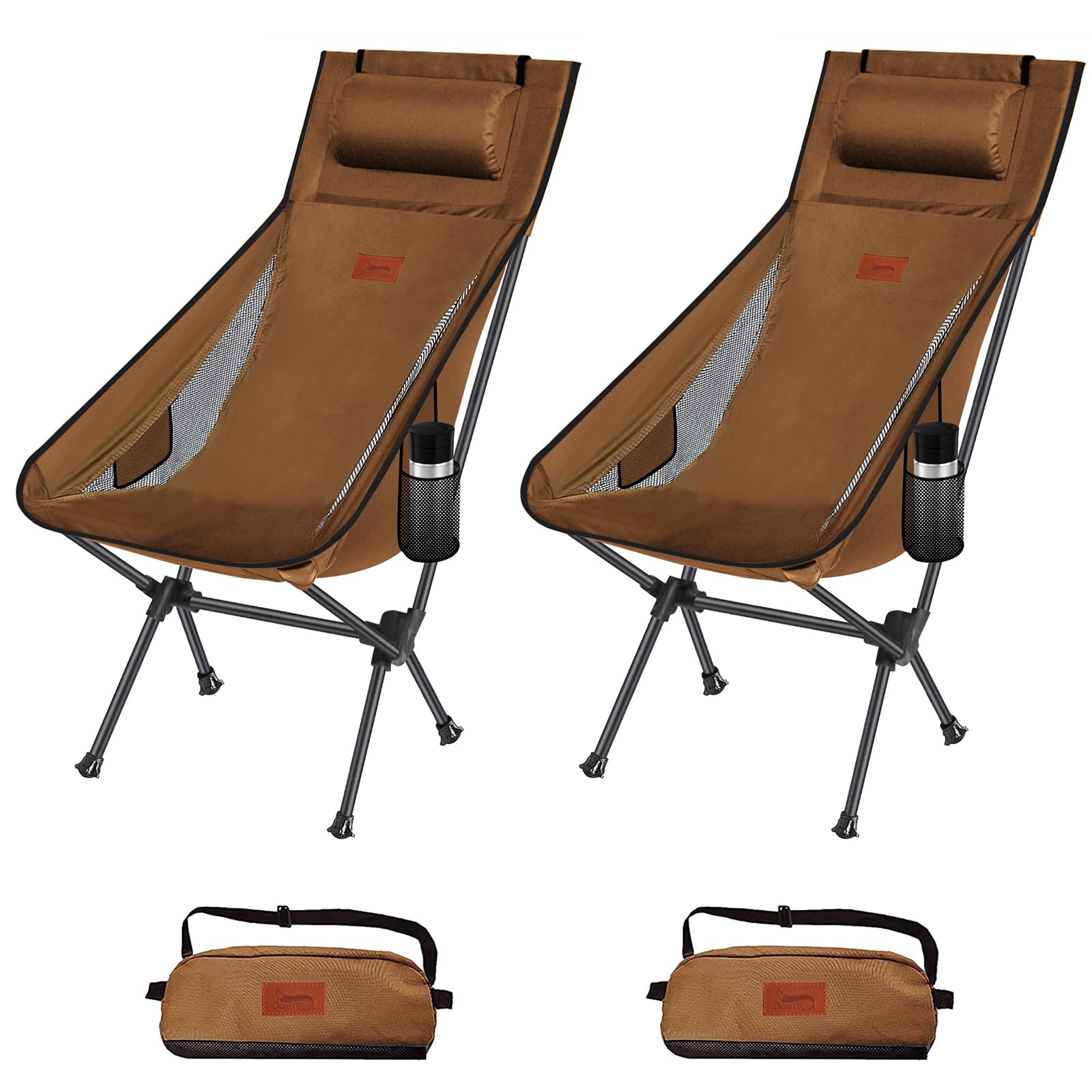 楽天RENEWDesertFox アウトドアチェア 折りたたみ 枕付き 超軽量 2個セット【独自開発のカップホルダー】 【耐荷重150kg】 キャンプ椅子 コンパクト イス ハイバック 椅子 収納袋付属 お釣り 登山 携帯便利 2088 （ブラウン，スタイルA）