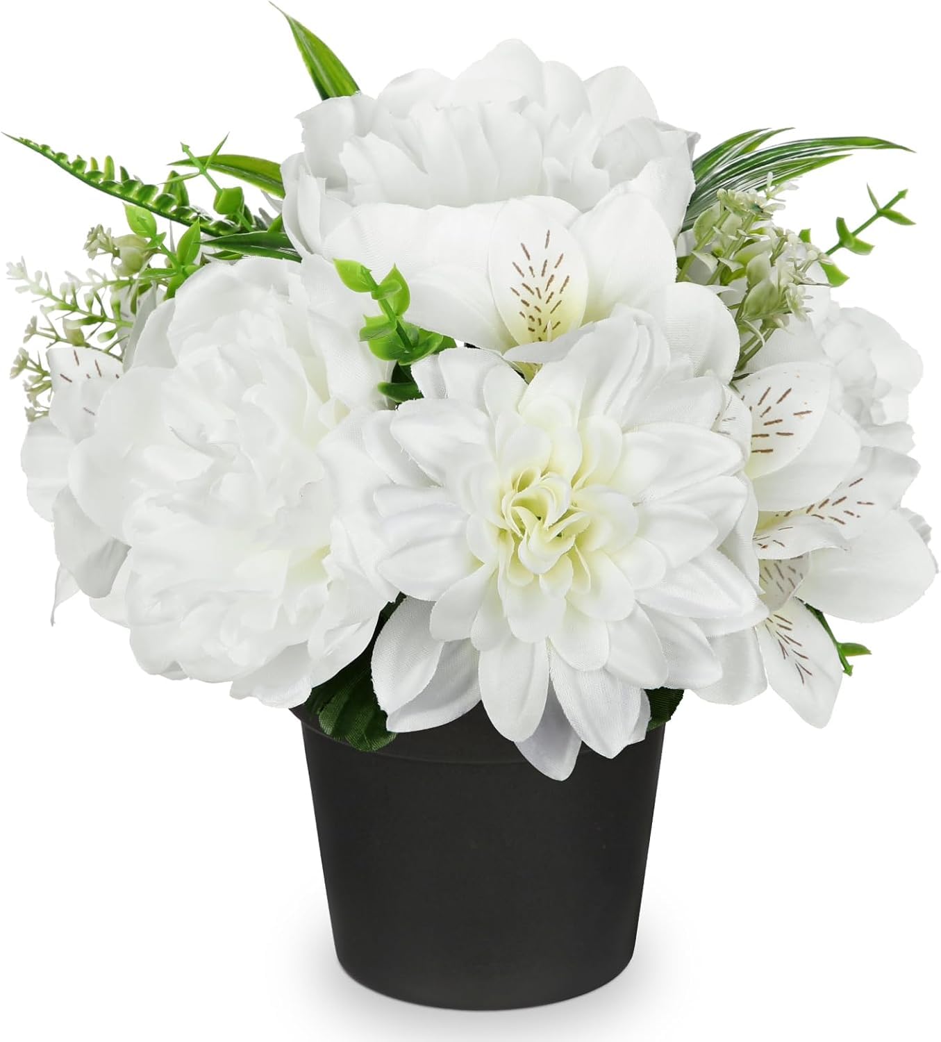 Villa Como 造花 仏花 お供え 仏壇用 お盆 お彼岸 25CM アートフラワー 枯れない花 インテリア 鉢植え ダリア 百合 牡丹 (ホワイト・牡丹)