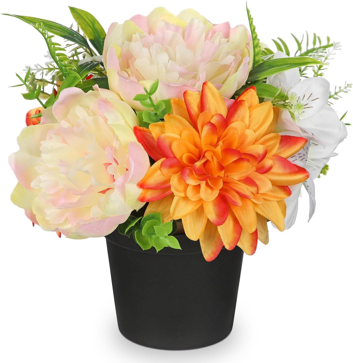 Villa Como 造花 仏花 お供え 仏壇用 お盆 お彼岸 25CM アートフラワー 枯れない花 インテリア 鉢植え ダリア 百合 牡丹 (クリーム・牡丹)