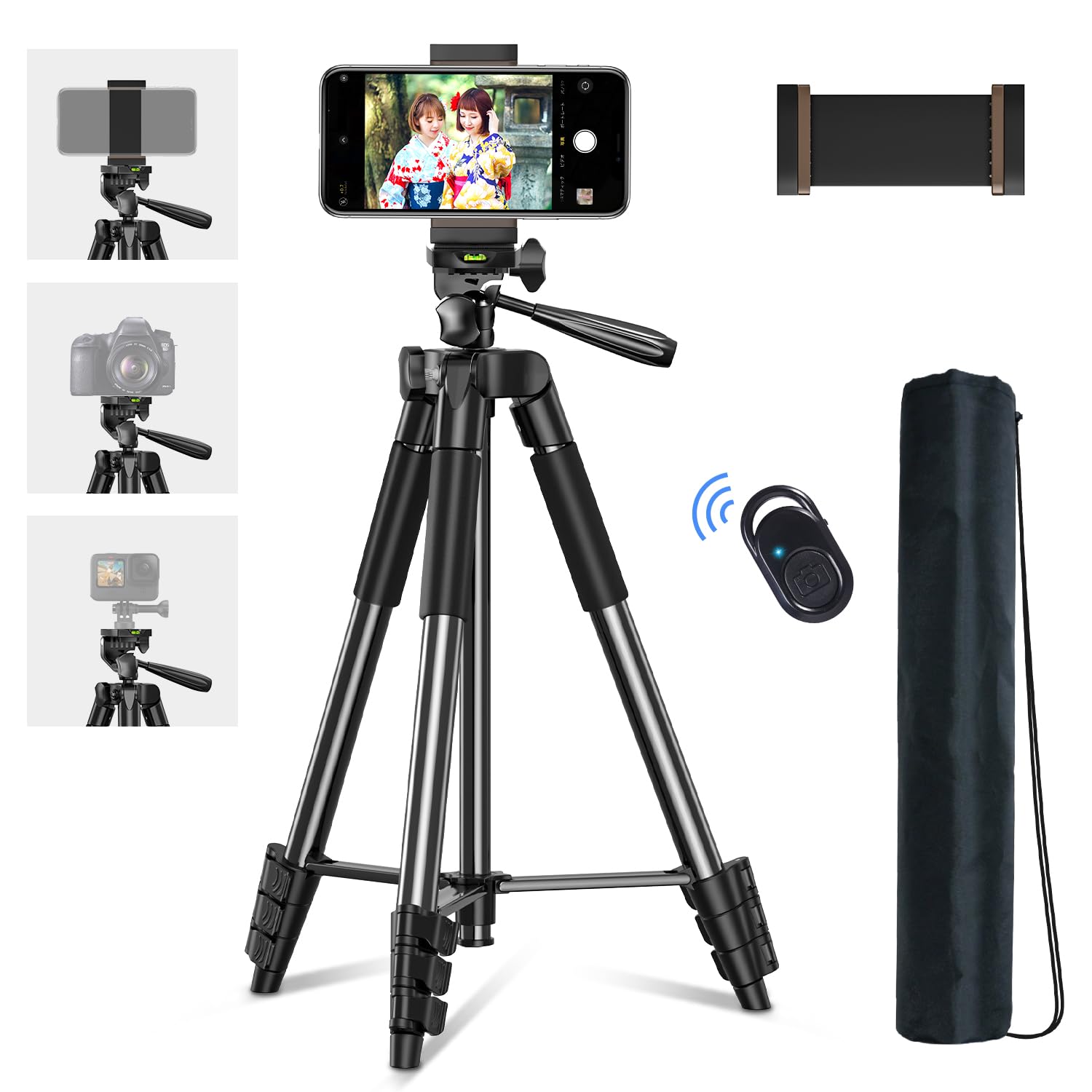 【2025モデル & 370g超軽量】 三脚 スマホ三脚 iphone用 ミニ カメラ三脚 ビデオカメラ Bluetoothリモコン付き 5段階伸縮 最大長さ134cm 3WAY雲台 360°回転可能 軽量 iPhone/Android/Gopro/ビデオ