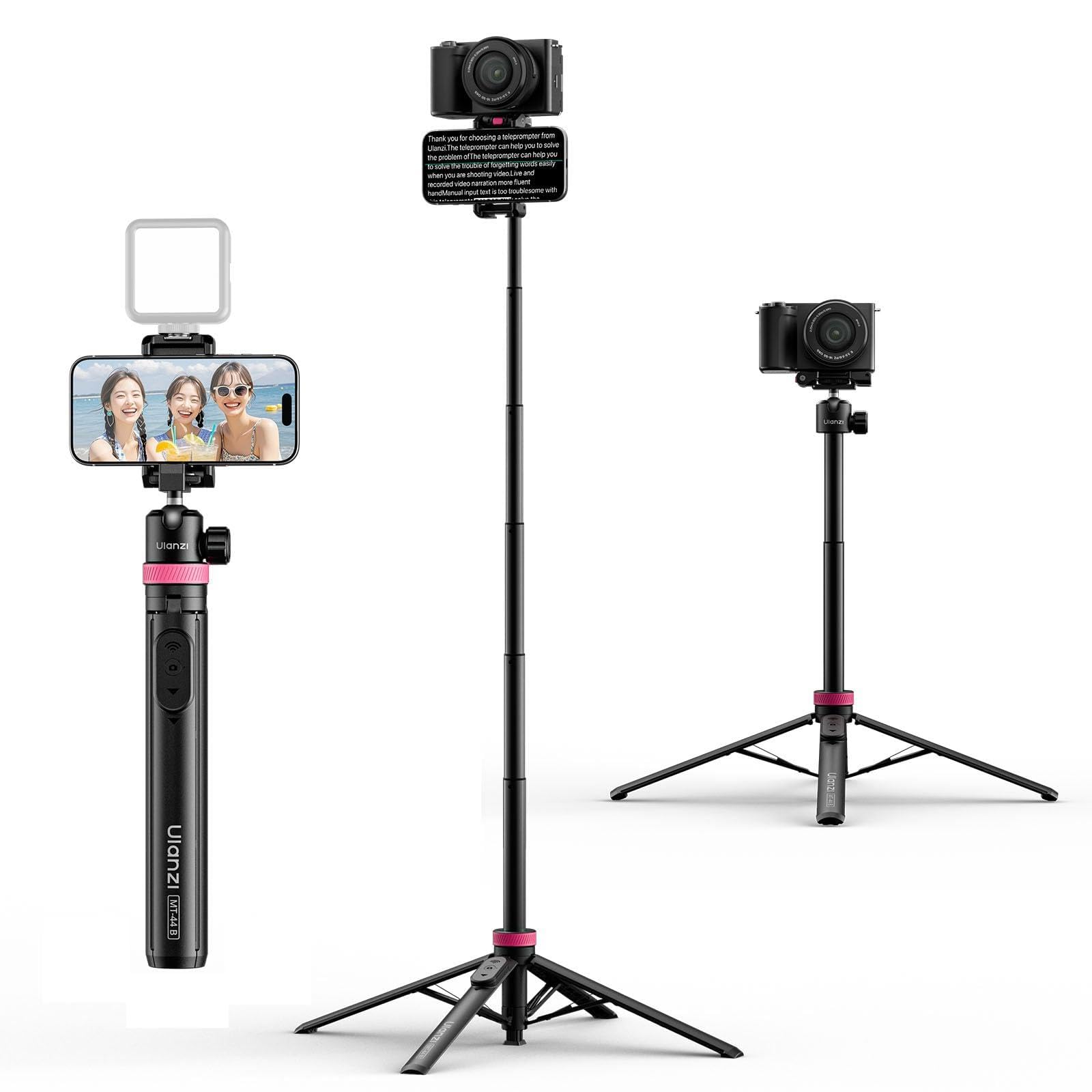 Ulanzi MT-44B スマホ三脚 カメラ三脚 自動開閉 片手 150cm 自撮り棒 四脚 2in1スマホクリップデザイン スマホとカメラ一緒撮影 34cm-150cm 7段伸縮 ボール雲台 360°回転 軽量 リモコン付き コールドシュー付き vlo