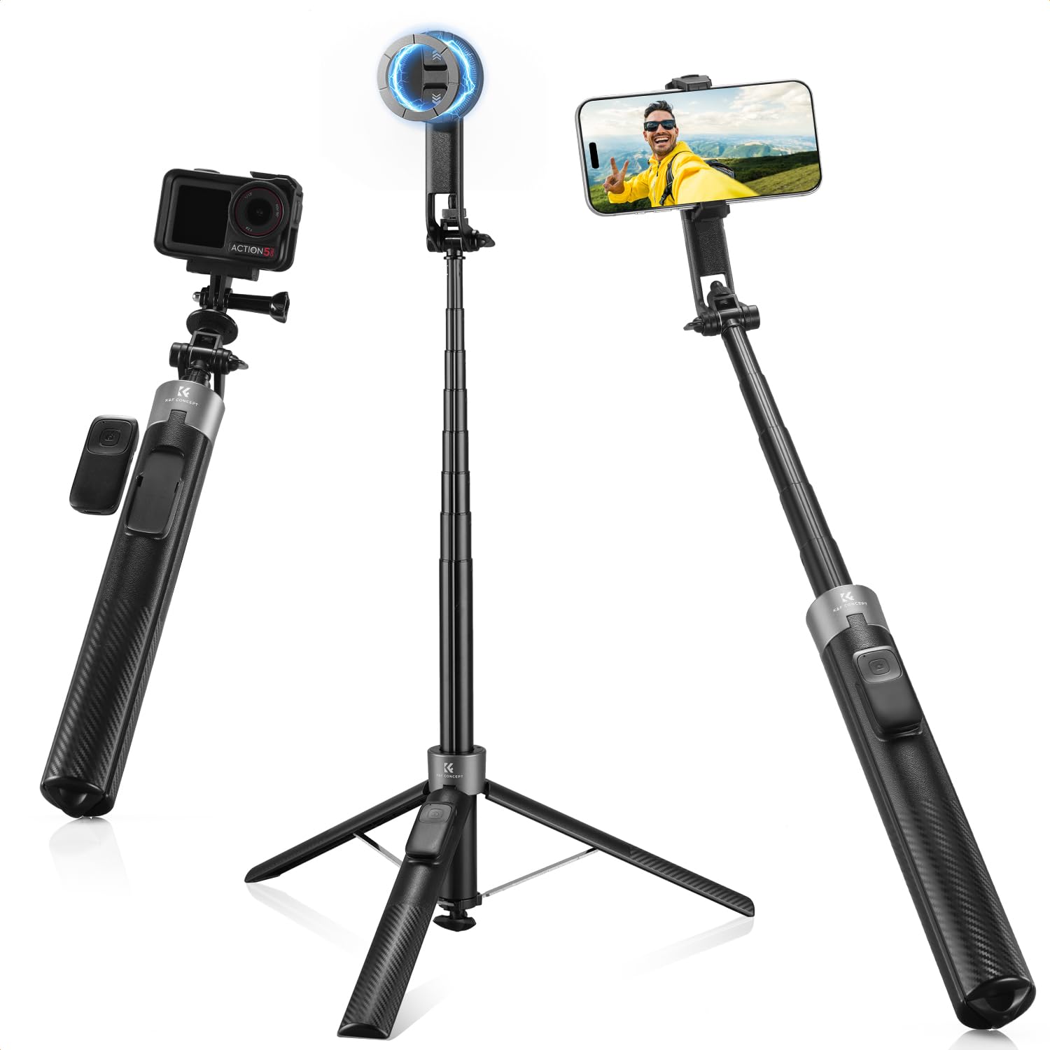 K&F CONCEPT 自撮り棒 スマホ 三脚 Magasfe対応  超長180cm 自動開閉 セルカ棒 4軸ジョイント 360°回転 折りたたみ 軽量 伸縮 スマホ用 充電式リモコン 1/4ネジ付き