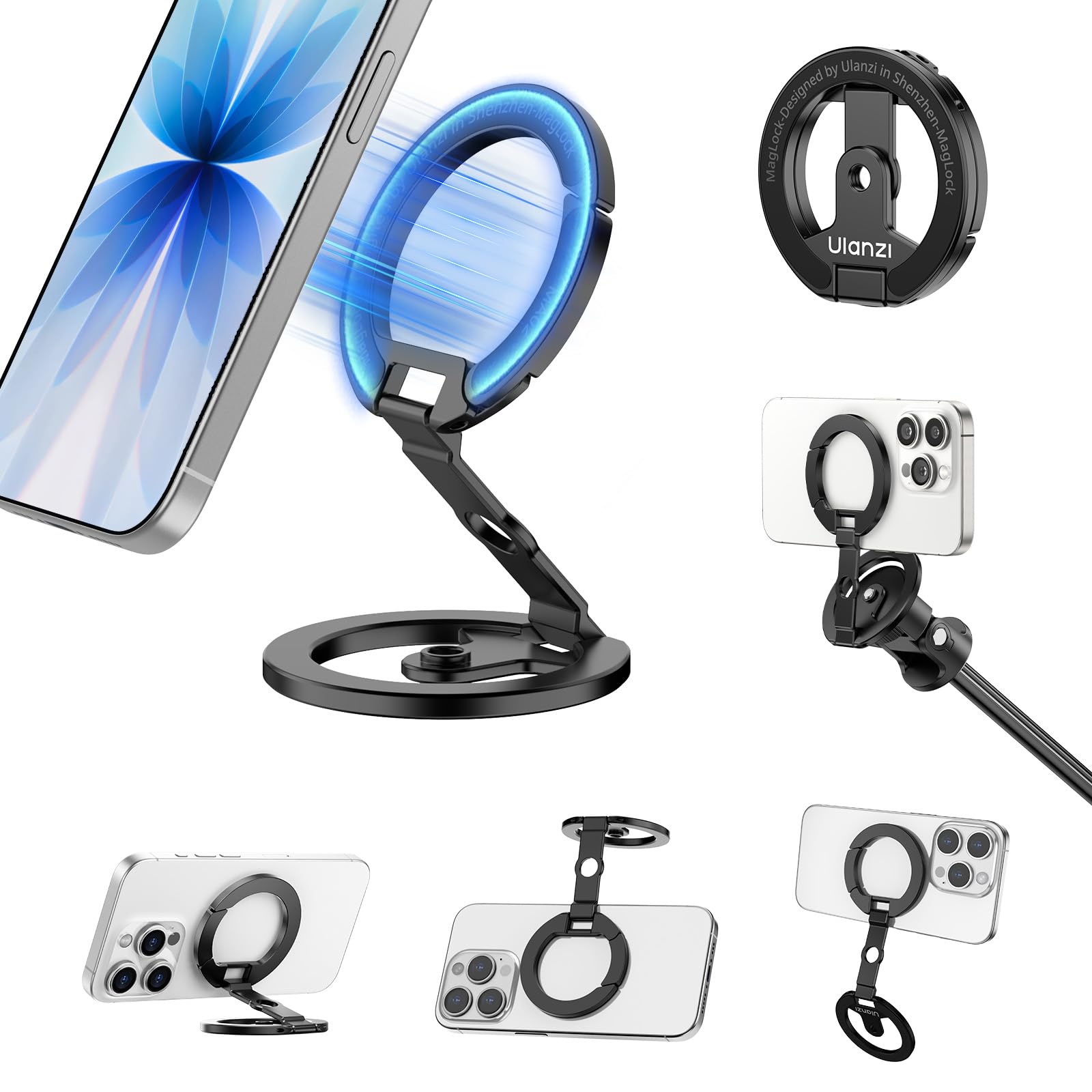 Ulanzi MA02 スマホスタンド 携帯リング MagSafe対応 スマホホルダー 両面マグネット 超 磁力 アルミ製 超薄型折りたたみ式 多機能角度調整可能 金属リング付き 1/4 ネジ三脚マウント 持ち運び便利 ジム用スマホホルダー iPhone