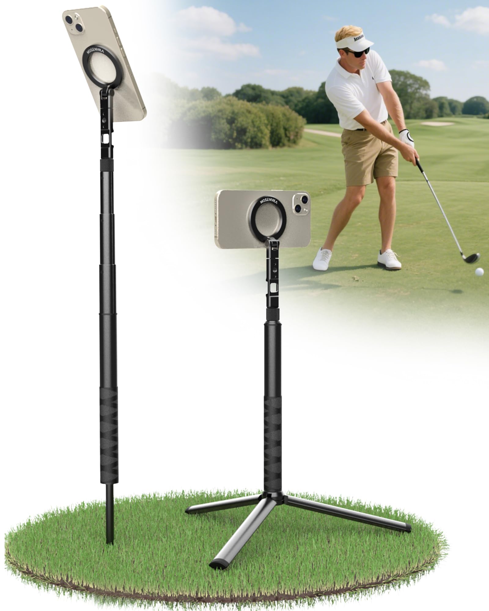 MOSENVKA ゴルフ三脚スタンド Magsafe対応 アルミニウム マグネットフォンホルダー ゴルフ 一脚 調節可能な三脚架 撮影 スマホスタンド ゴルフ指導 スマホホルダー付き 1.2m伸縮ポール 自撮り棒用三脚 ゴルフスイング練習 マグセーフ ゴル