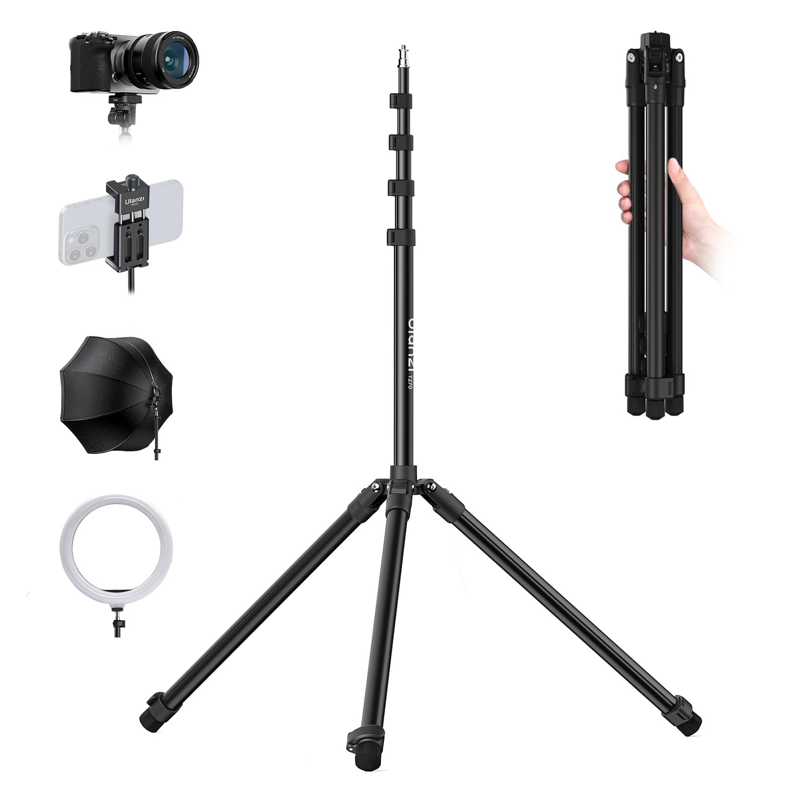 Ulanzi T270 撮影用 ライトスタンド 2.7m カメラ三脚 撮影用スタンド アルミニウム製 軽量 逆向き折り畳み 55-270cm 5段伸縮 1/4ネジ搭載 持ち運び便利 ストロボスタンド リングライト ビデオライト ソフトボックス cobライト