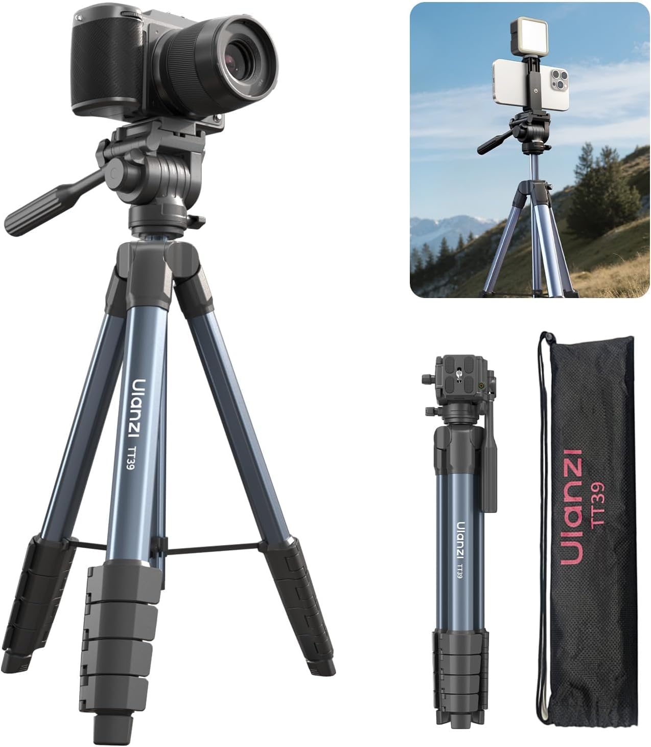Ulanzi TT39 三脚 トラベル三脚 スマホクリップ付き すマホ・ DSLRカメラ両用 155cm 5段階伸縮 フルードヘッド付き 360度パノラマ撮影 アルミ製 安定 三脚スタンド iPhone Android/カメラなどに対応 耐荷重3KG スマ