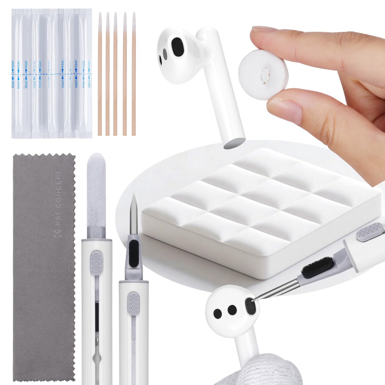 K&F CONCEPT AirPods 掃除道具 5-in-1 イヤホンクリーニングツールワイヤレスイヤホンクリーニングペン クリーニングクロス 清掃用綿棒 アルコールクリーニング綿棒 イヤホン粘着ステッカー 多機能クリーニング 掃除セット メンテナンス用