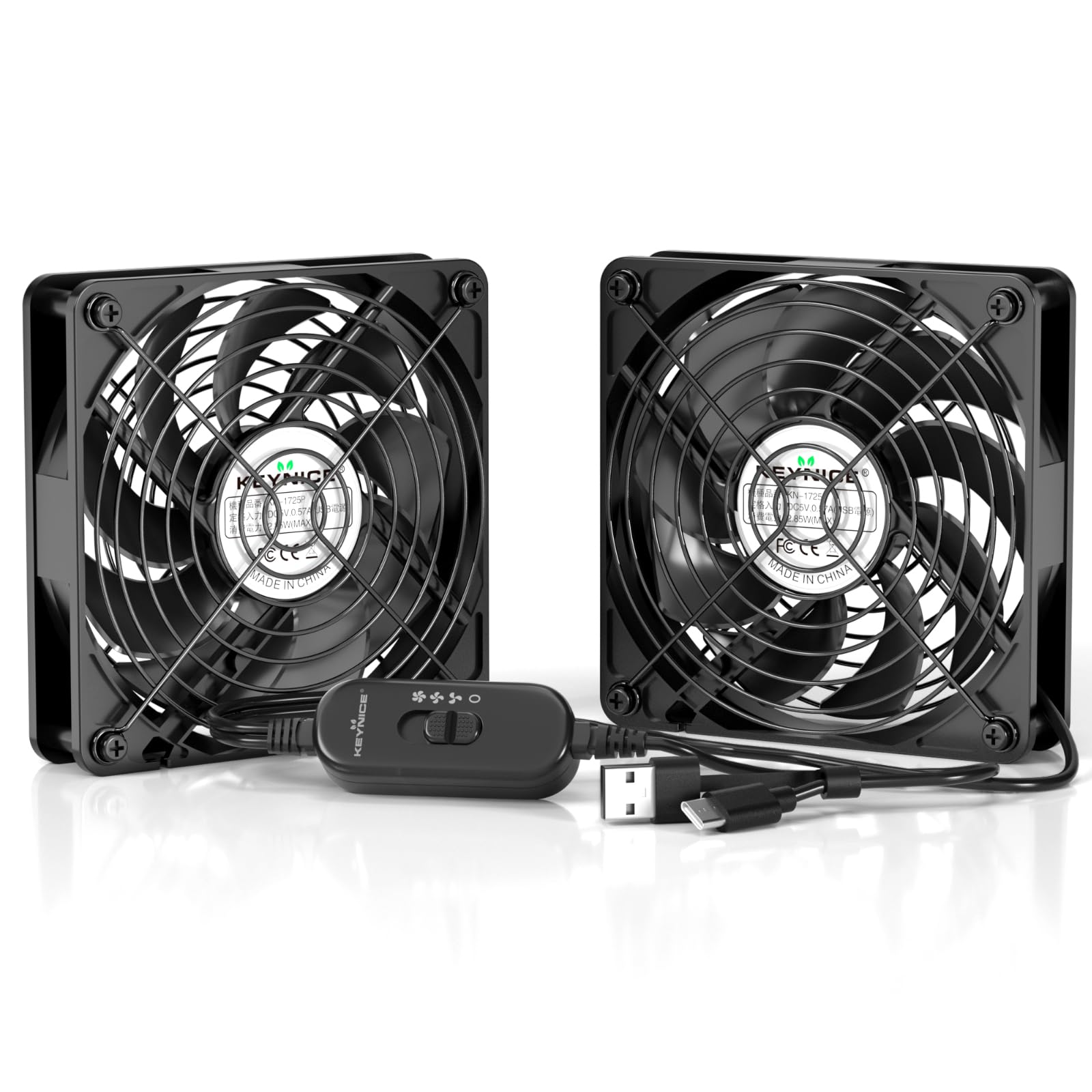 KEYNICE 冷却ファン USBファン 12cm 2連 【USB-A & Type-Cポート対応】 3段階風量調節 静音 強力 2000RPM 9枚羽根 パソコン PC ルーター PS4 ゲーム機 冷却 車中泊 水槽 換気扇 省エネ KN-1725P